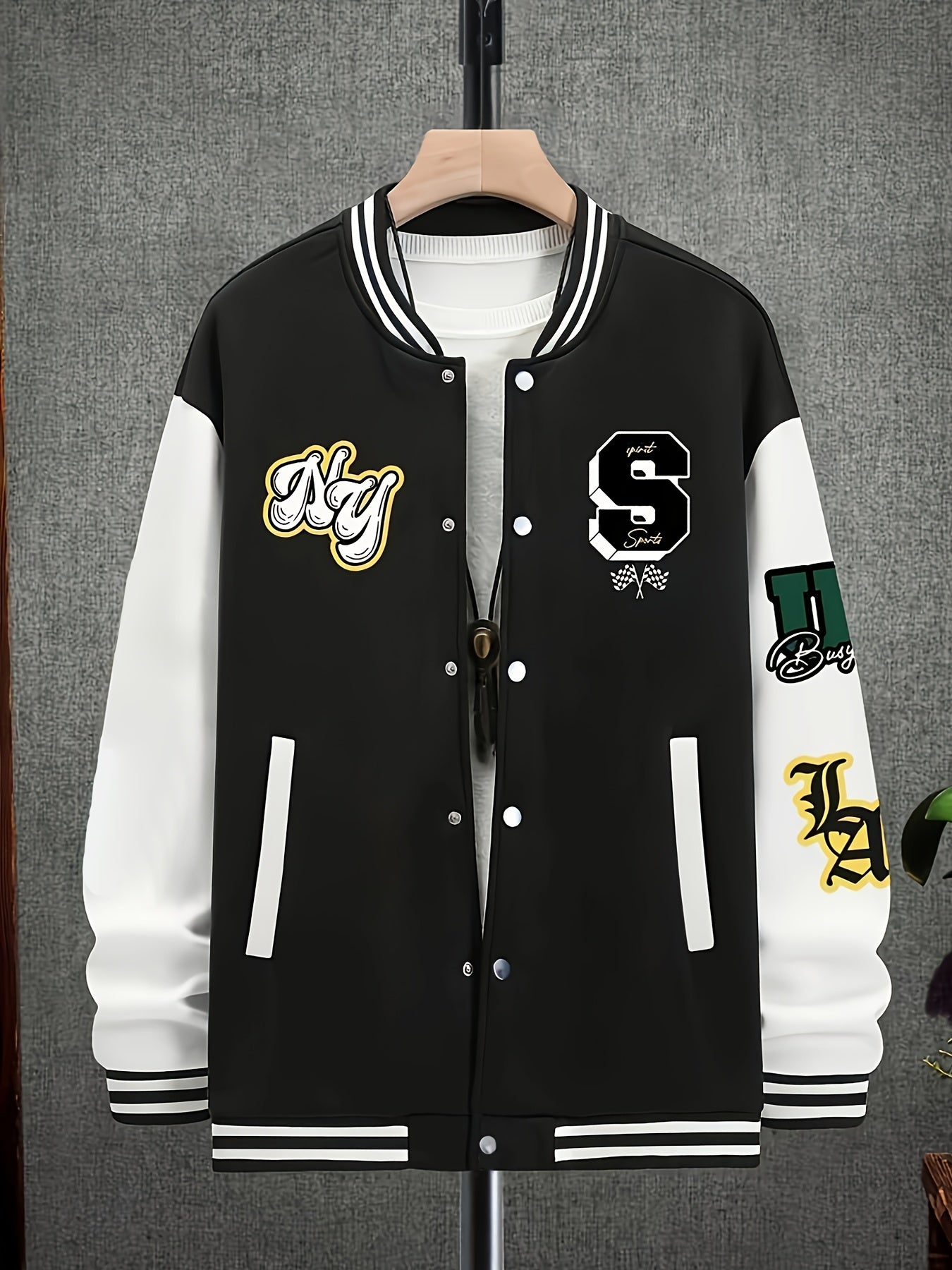 Men's Casual Varsity Baseball Jacket - 100% Polyester Knit Fabric with Slight Stretch, Loose Fit, All-Season, Drawing Pattern with Baseball Collar