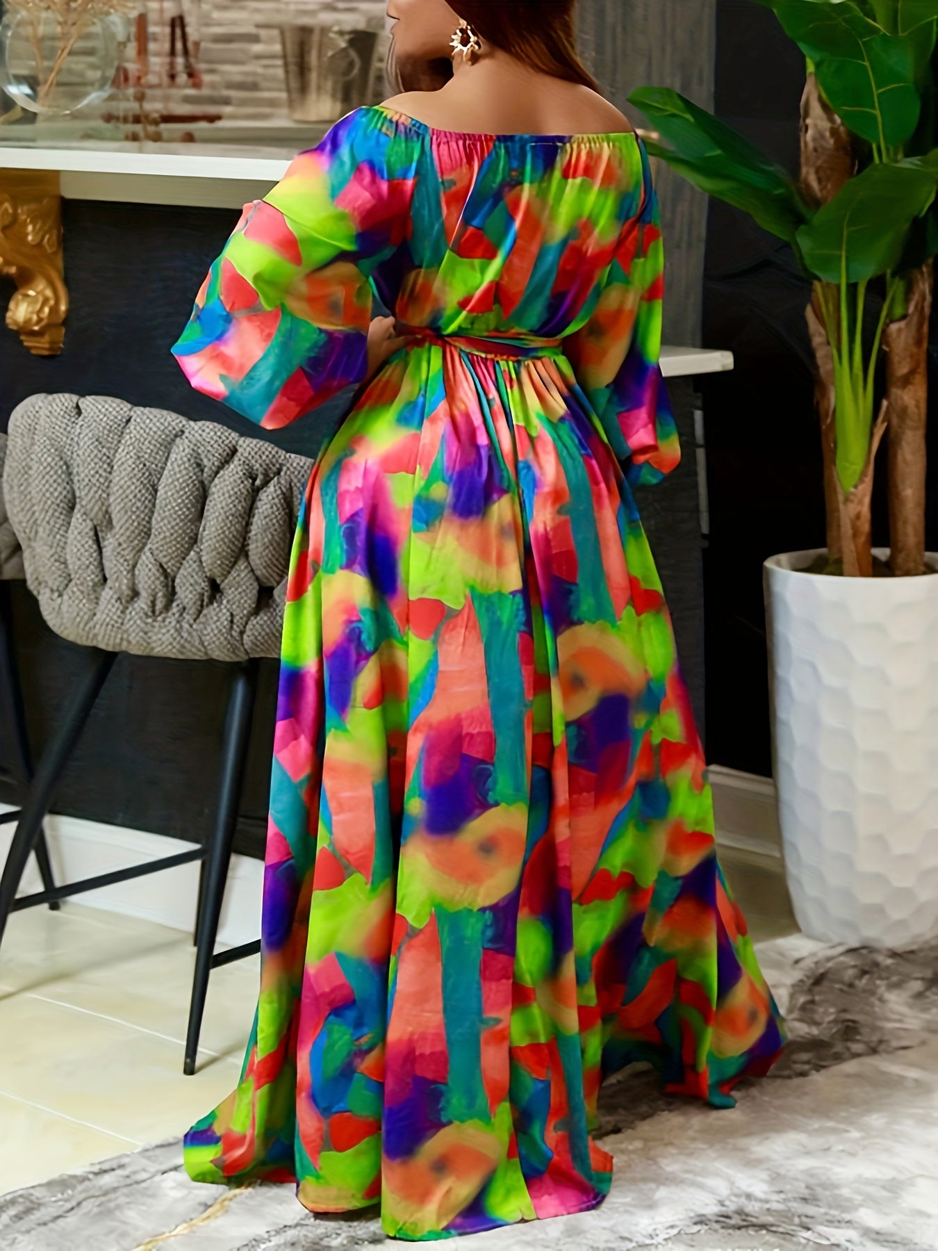 Women'S Off-Shoulder Maxi Dress, Geometric Print, Polyester & Spandex Blend, Casual Fashion, One-Shoulder, Long Flowy Skirt, All Seasons, Adult Size, Woven Fabric