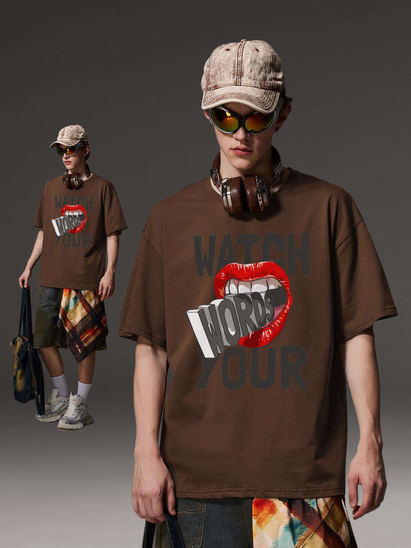 PRIVATHINKER "Watch Your Words" Graphic Tee for Men - Oversized, 100% Cotton, Short Sleeve, Casual Summer Streetwear with Red Lip & Lightning Bolt Design, Machine Washable