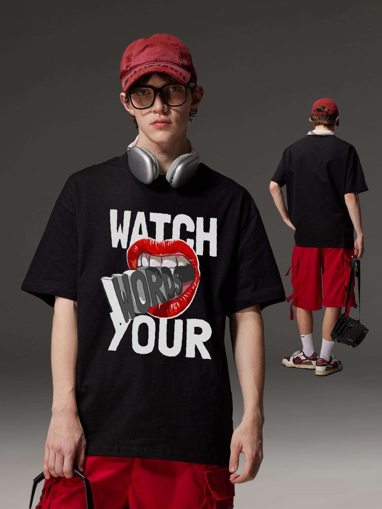 PRIVATHINKER "Watch Your Words" Graphic Tee for Men - Oversized, 100% Cotton, Short Sleeve, Casual Summer Streetwear with Red Lip & Lightning Bolt Design, Machine Washable