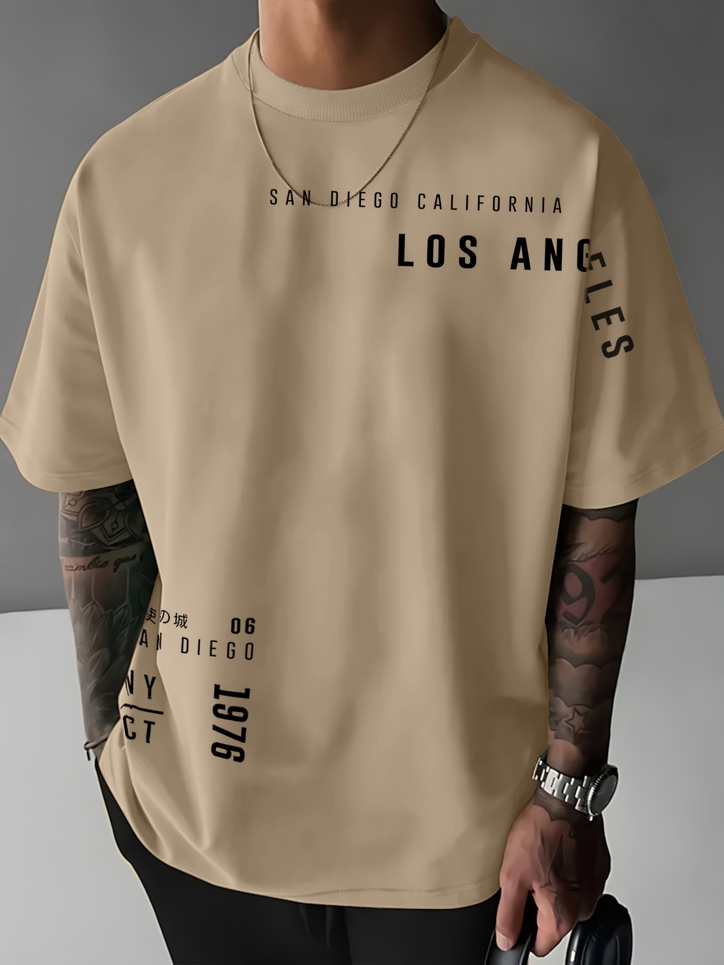Men'S Fashion Graphic T-Shirt, Polyester Knit Fabric, Street Style, Loose Fit, with "LOS ANGELES" Print, for Summer Casual Short-Sleeve Crew Neck Tee with Slight Stretch
