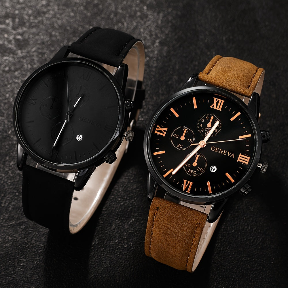 2-Piece Luxury Men's Leather Strap Quartz Watch Set with Calendar - Perfect Gift for School, Graduation, or Any Occasion - PU Leather Strap, Non-Waterproof, Analog Display, Alloy Case