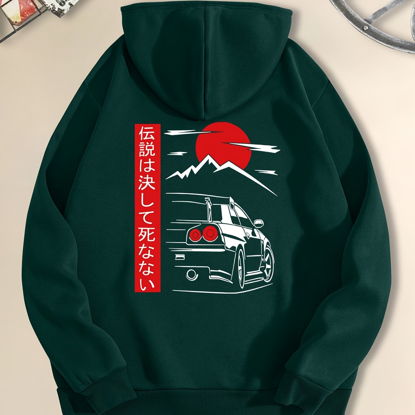 Men's Casual Black Hoodie with Sunset Sports Car Graphic - Cozy Long Sleeve Hooded Sweatshirt, Polyester, Machine Washable for Autumn & Winter, Sweater Hoodie