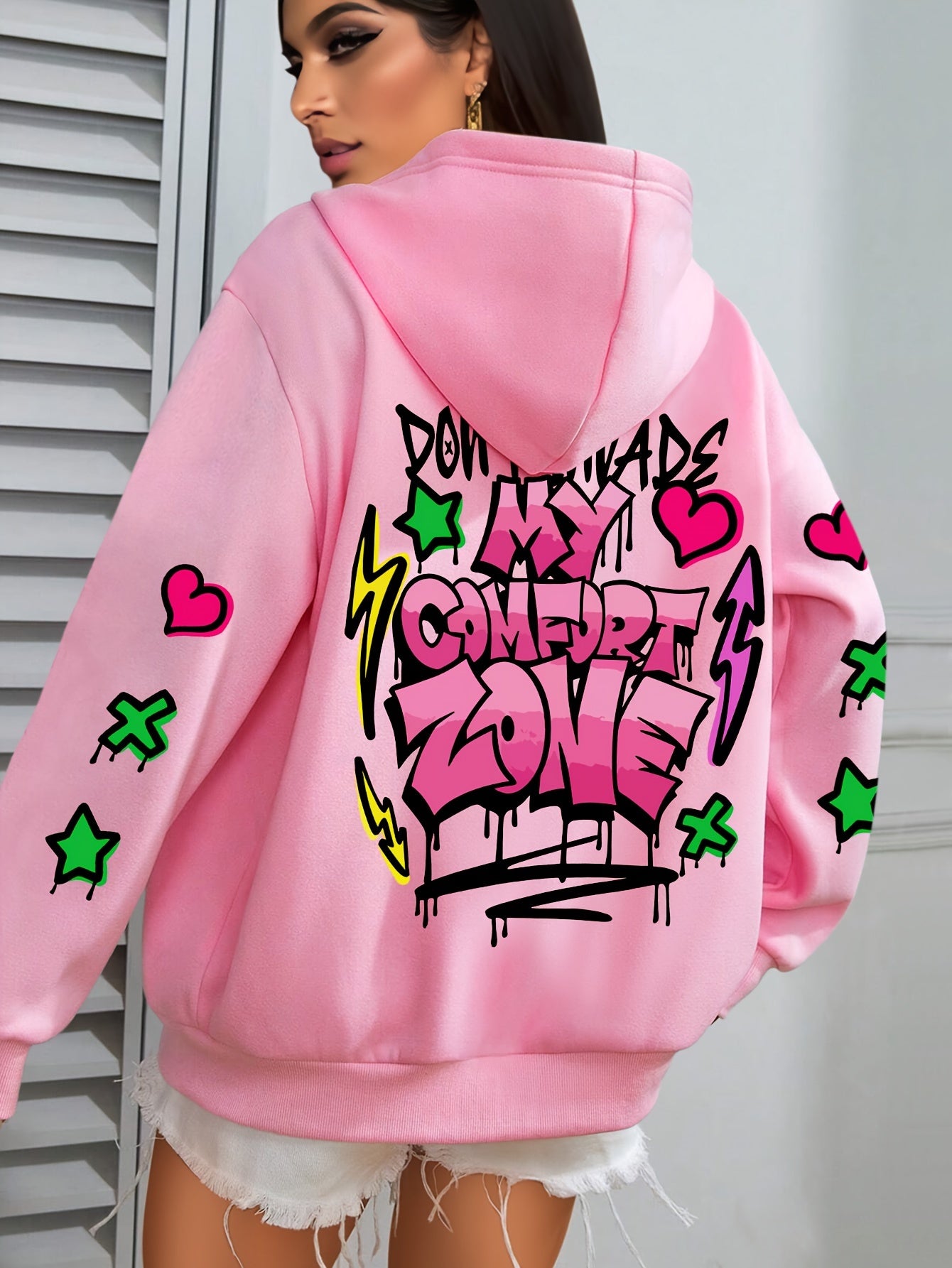 Women's Plus Size Graffiti-Style Hoodie - Casual Long Sleeve with Pocket, Purple "MY COMFORT ZONE" Graphic Hooded Sweatshirt for Fall & Winter, Cozy Pullover | Graffiti Print Hoodie | Fleecelined Comfort, Sweater Hoodie