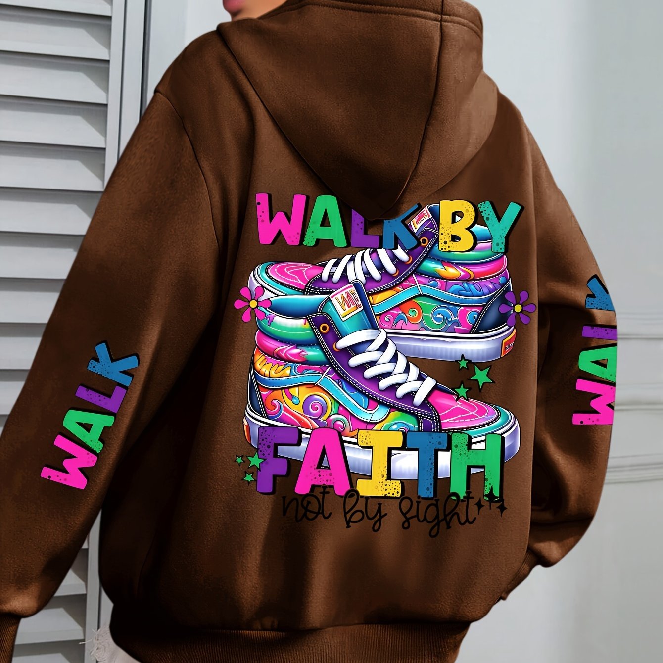 Plus Size Women's Hoodie with Colorful Walk Shoes Print - Casual Long Sleeve Pullover with Pocket, Cozy Polyester Hooded Sweatshirt for Fall & Winter, Fall Fashion Hoodie|Vibrant Shoe Design|Machine Washable Top