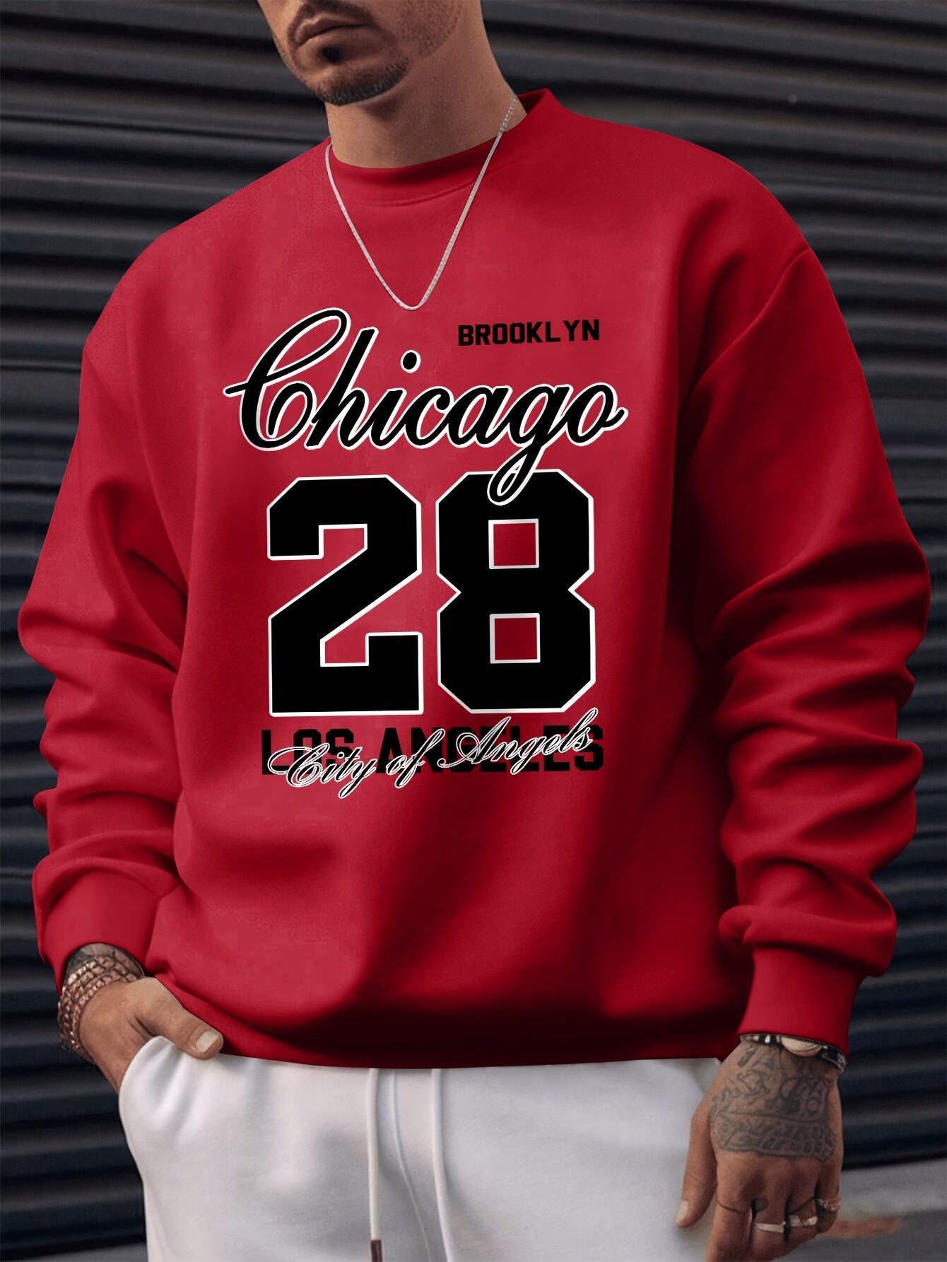 Chicago 28 Print Men's Crew Neck Long Sleeve Sweatshirt, Stylish Pullover Sweatshirt, Casual Comfortable Versatile Top For Outdoor Sports