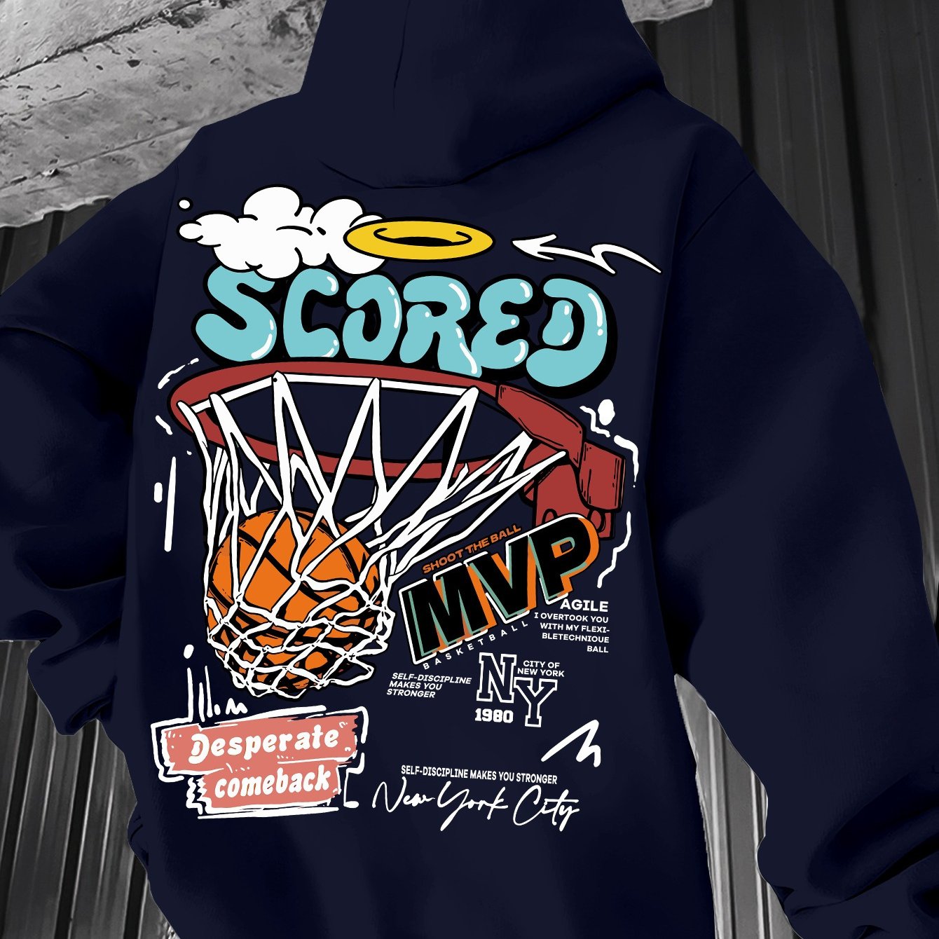 Spring/Fall Casual MVP Basketball Graphic Hoodie for Men - Knitted Fabric Regular Fit with Slight Stretch - Polyester & Elastane Blend, Geometric-Pattern, Hooded Pullover - Fashion Sportswear