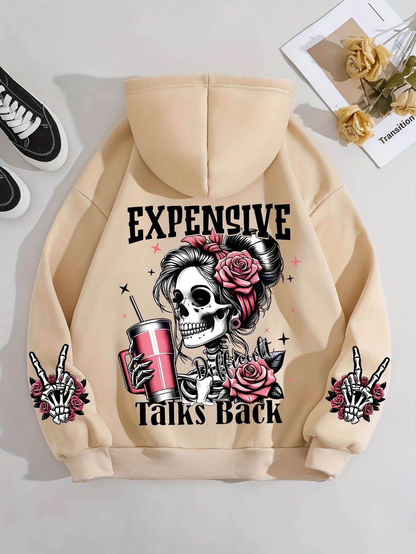 Ladies Fashion Hoodie: Relaxed Style, Polyester Material, Knit Fabric, All Seasons, No Detail, Letter Pattern