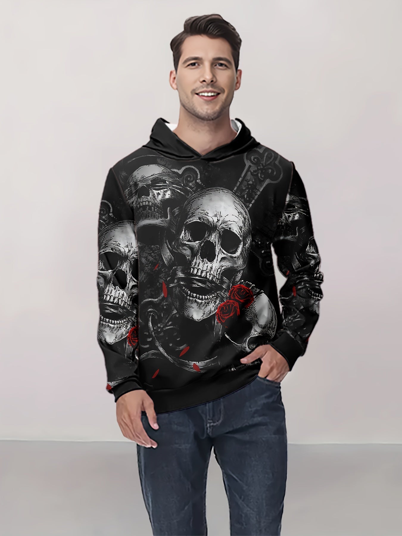 Men'S Gothic Skull Hoodie, 3D Rose and Skeleton Print, Casual Polyester Sweatshirt, Slight Stretch Knit Fabric, Regular Fit, for Spring/Fall Outdoor Wear