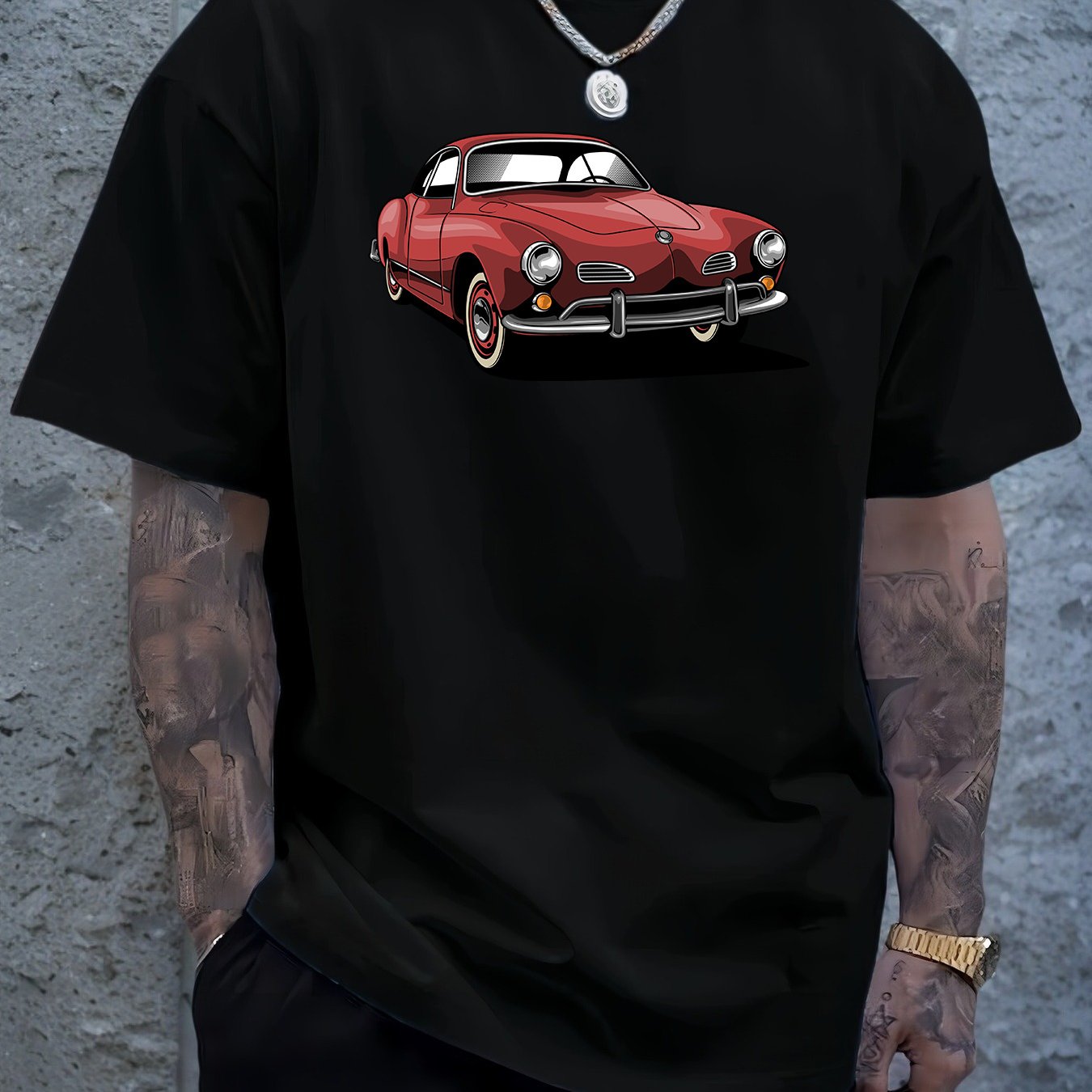 Men's Navy Blue Graphic Tee with Vintage Car Illustration - Casual & Sporty Polyester Round Neck T-Shirt, Machine Washable - Perfect for Summer Outings, Cool Oversized Tee Shirts