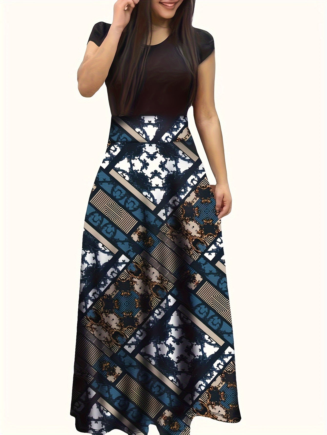 Floral Print Splicing Maxi Dress, Casual Crew Neck Short Sleeve Dress For Spring & Summer, Women's Clothing