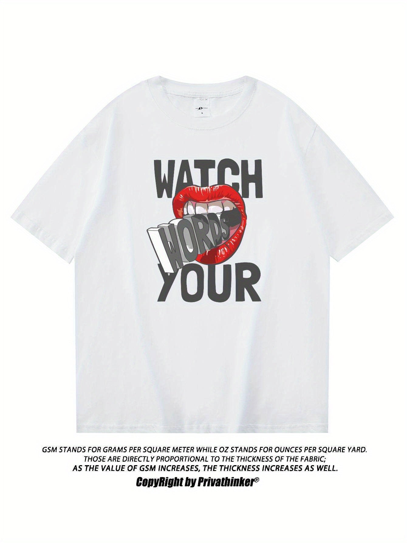 PRIVATHINKER "Watch Your Words" Graphic Tee for Men - Oversized, 100% Cotton, Short Sleeve, Casual Summer Streetwear with Red Lip & Lightning Bolt Design, Machine Washable
