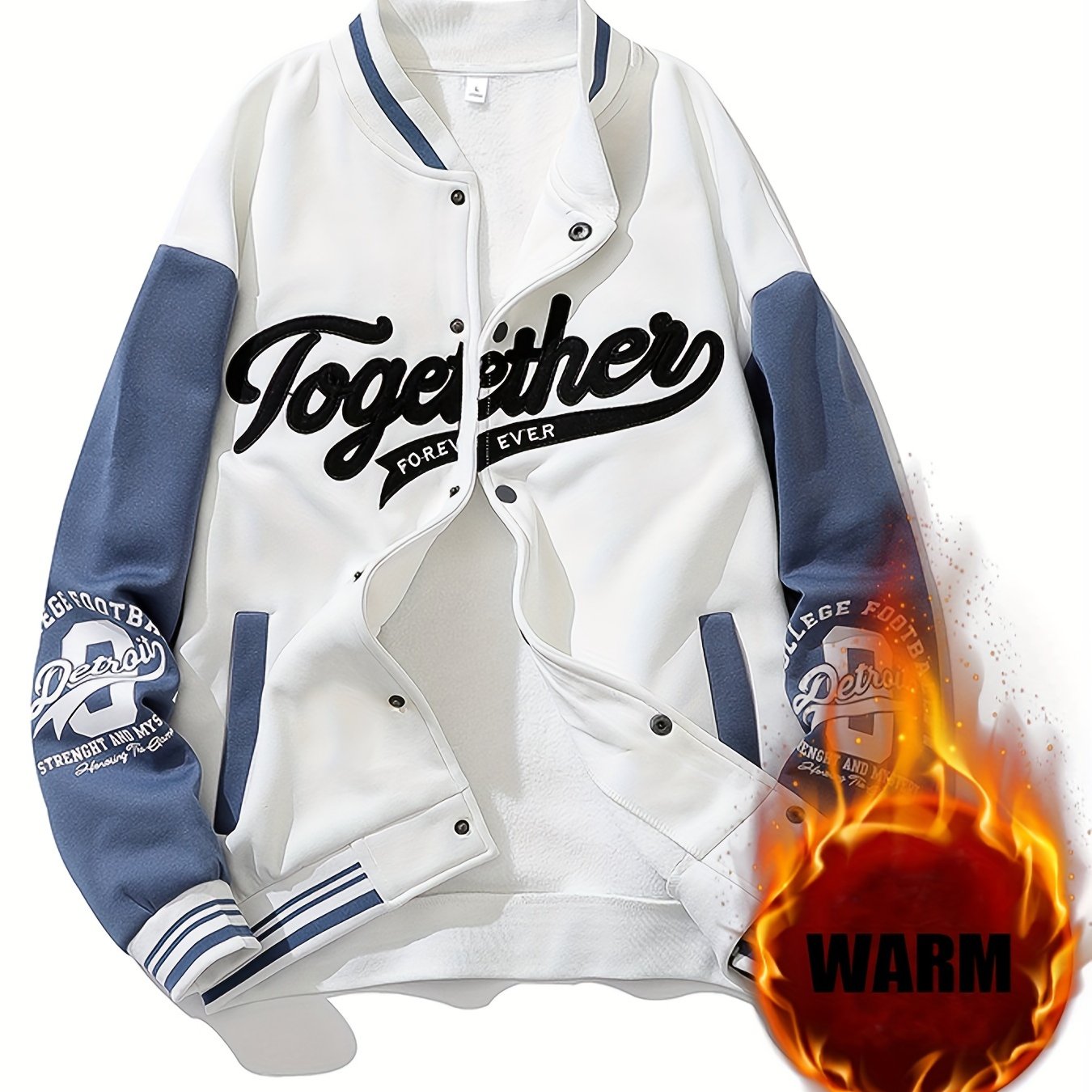 Preppy Style Varsity Jacket for Men - Polyester 100.00%, Embroidered Alphabet Design, Regular Long Sleeve with Baseball Collar, Slight Stretch Fabric, Single Breasted Placket, Casual Baseball Fit with Pockets and Applique Det