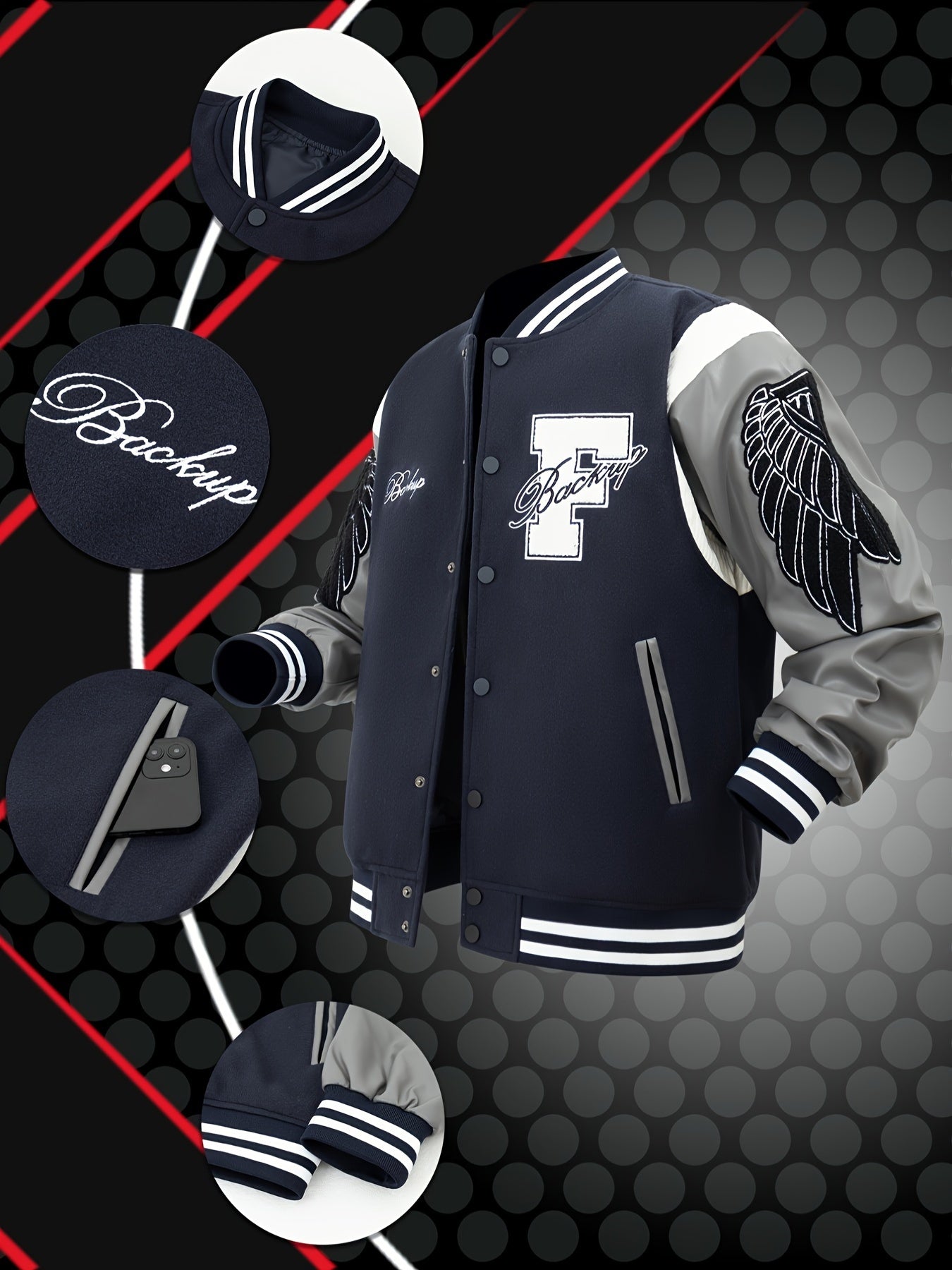 Men's Letter Double-wing Embroidery Varisty Jackets Vintage Long Sleeve PU Leather Patchwork Baseball Coats for Autumn&Winter