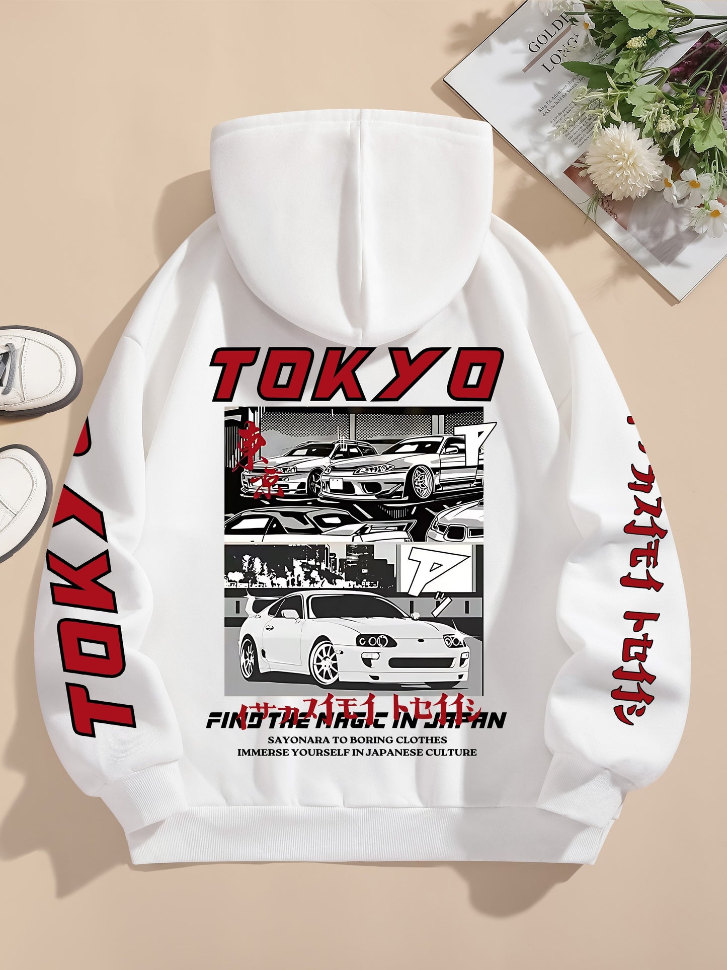 Tokyo Graphic Print Casual Hoodie for Women - 100% Polyester Knit Fabric with Drawstring Hood, Geometric Pattern, All-Season Comfort