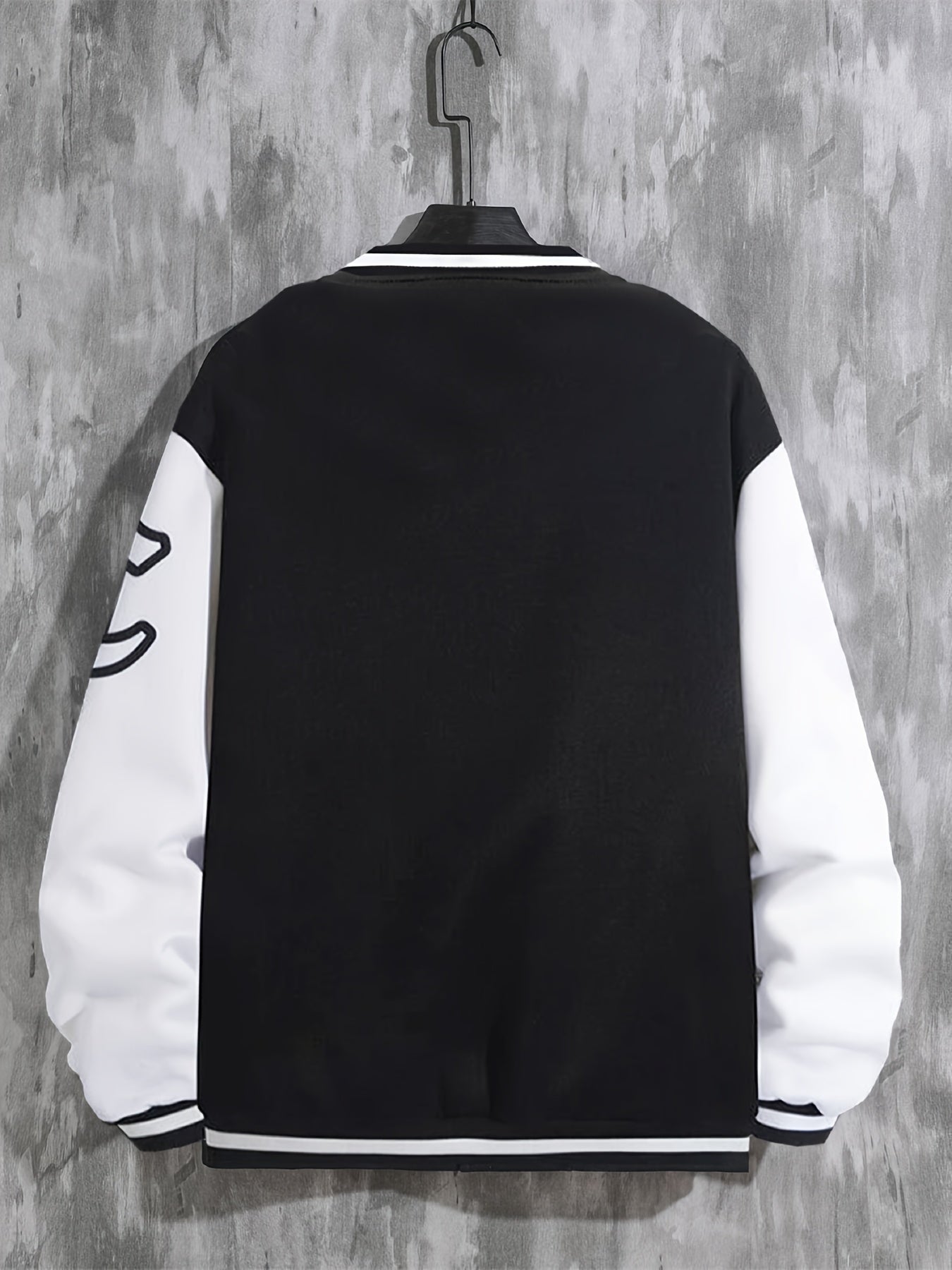 Men'S Casual Fashion Baseball Jacket, 100% Polyester Knit Fabric with Slight Stretch, Crew Neck, Button Closure, Alphabet Pattern, Regular Fit with Pockets, Polyester Lined