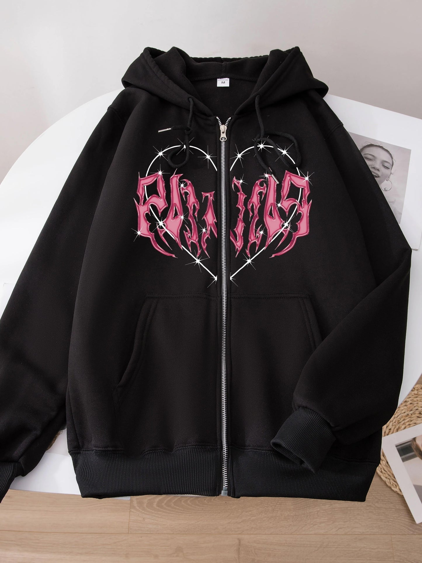 Heart Graphic Long Sleeve Zip Up Drawstring Hoodie, Stylish Pockets Loose Letter Print Sweatshirt, Women's Clothing