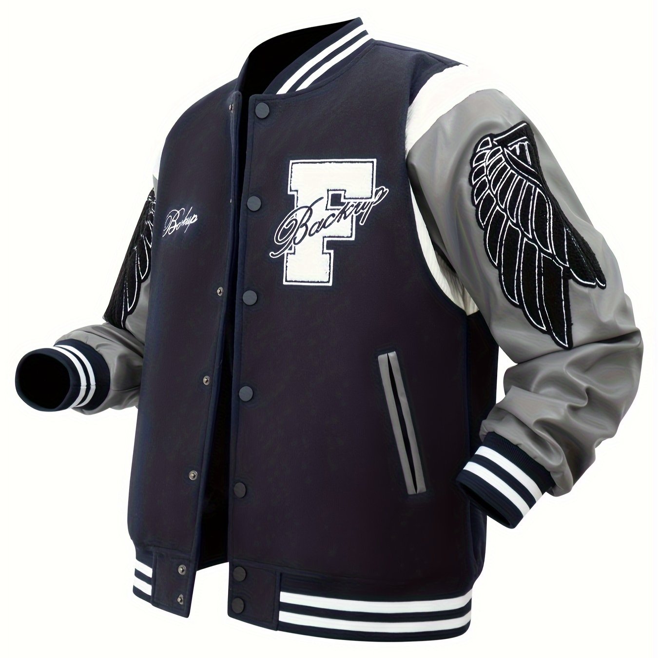 Men's Letter Double-wing Embroidery Varisty Jackets Vintage Long Sleeve PU Leather Patchwork Baseball Coats for Autumn&Winter