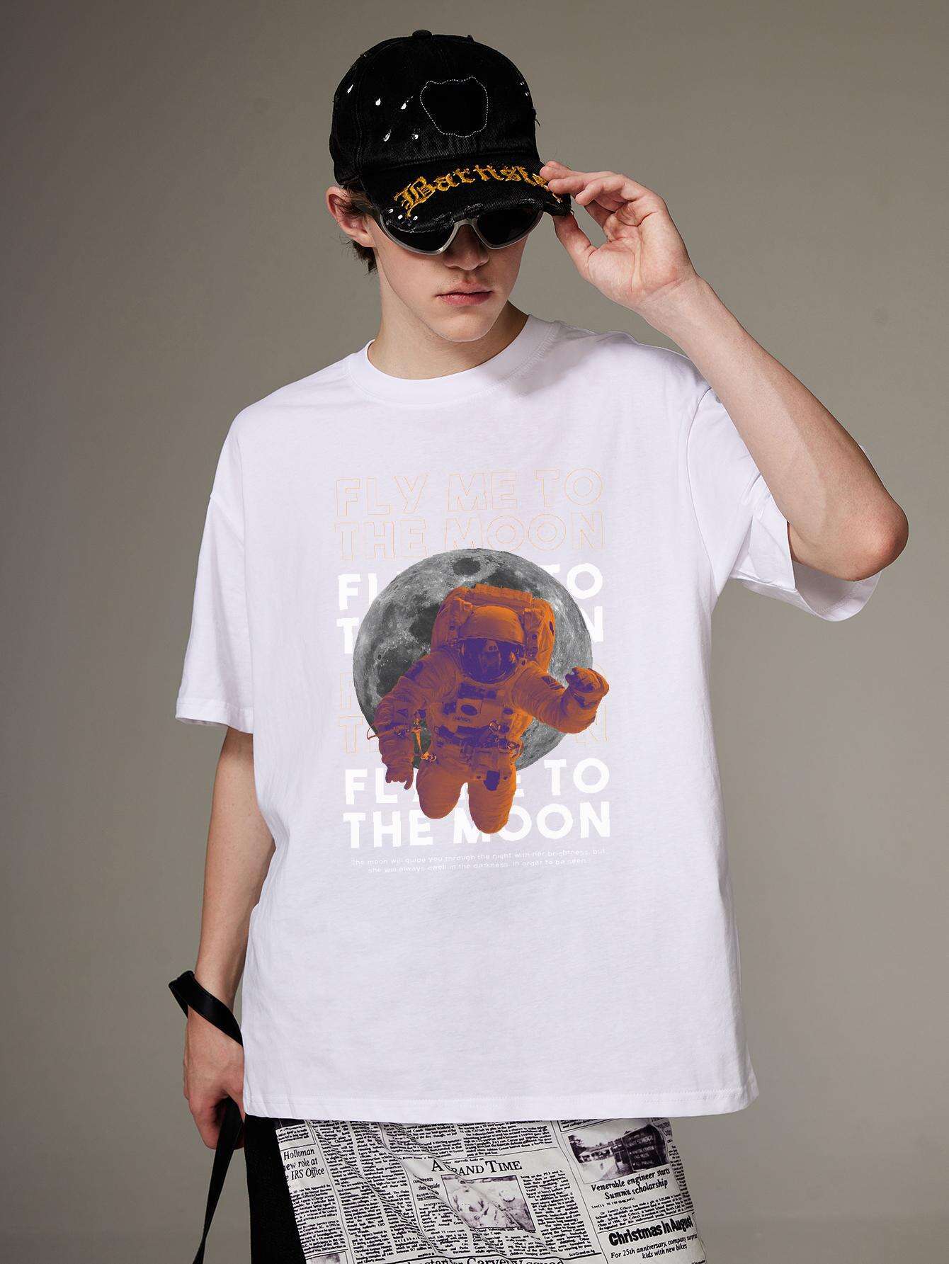 PRIVATHINKER Men's "Fly Me to The Moon" Graphic Tee - 100% Cotton, Oversized & Lightweight, Casual Summer Streetwear with Astronaut & Moon Design, Short Sleeve, Round Neck
