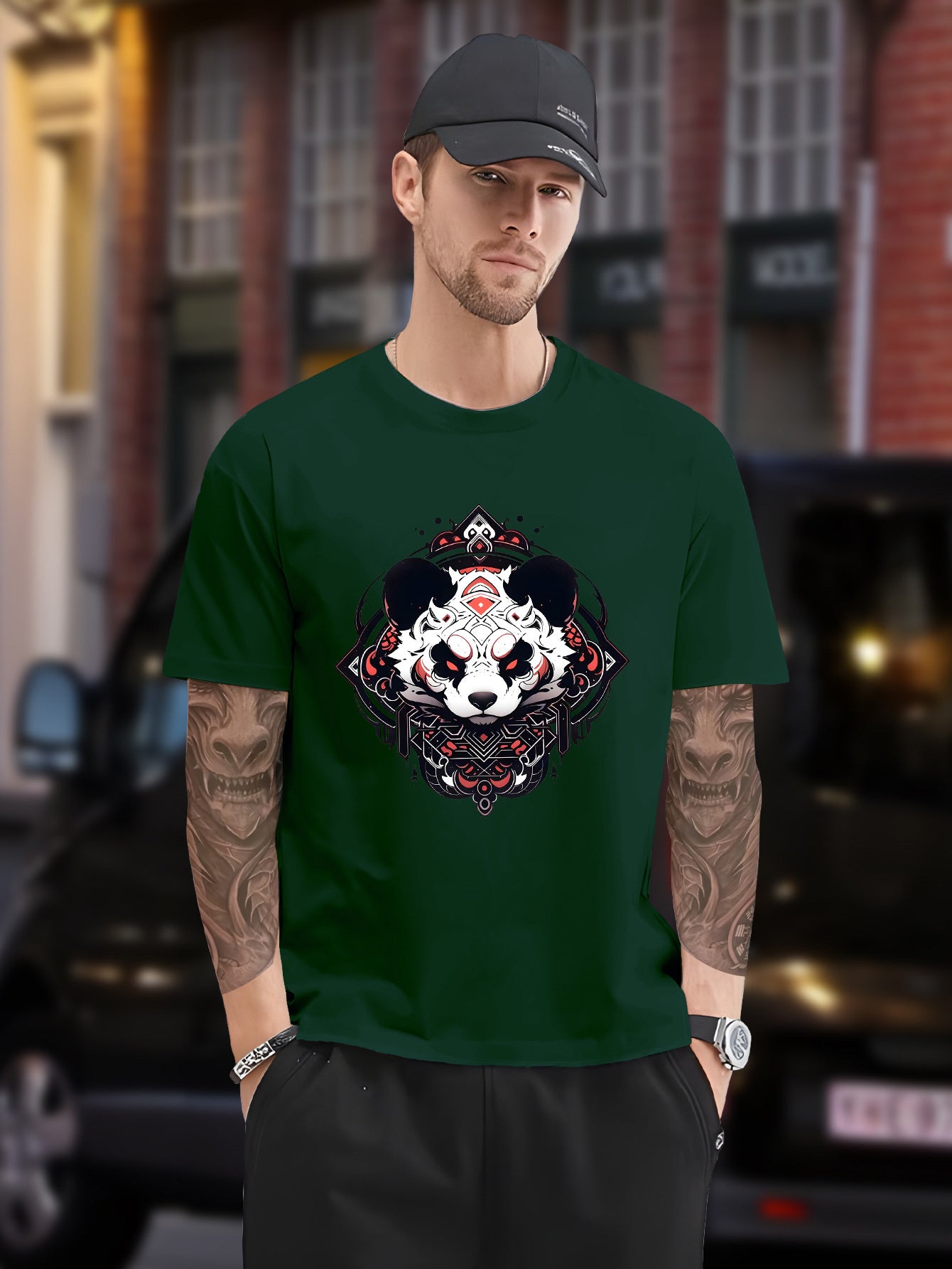 Men's Plus Size Black T-Shirt with Panda Graphic - Casual, Non-Stretch Polyester, Crew Neck, Short Sleeve Tee for Summer, Oversized T Shirt