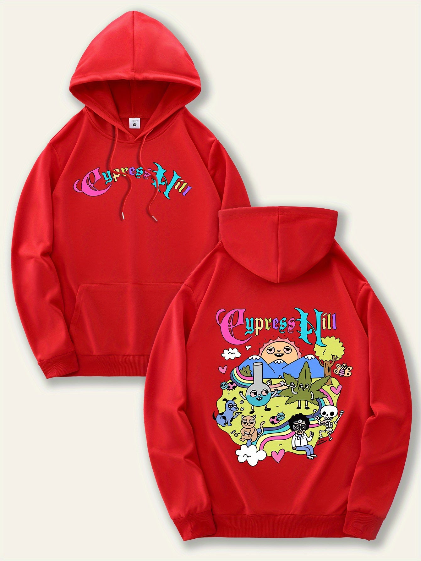 Men'S Fashion Hoodie with Cypress Hill Geometric Cartoon Print - All Season Casual Knit Polyester Sweatshirt with Hood, Drawstring, Kangaroo Pocket, Regular Fit - Unisex Stylish Pullover