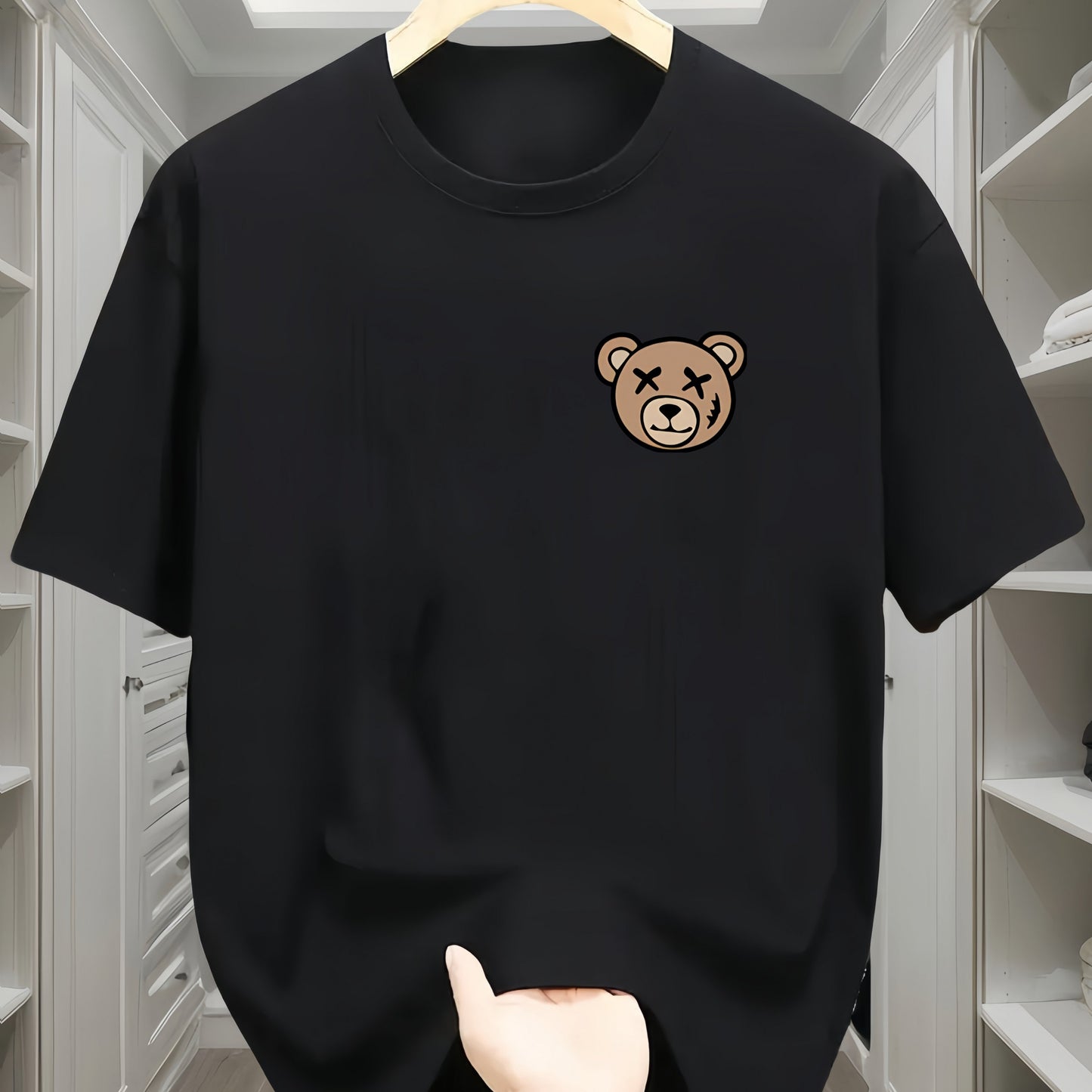Men's Classic Black Cotton T-Shirt with Cute Bear Design - Casual, Comfortable Short Sleeve Crew Neck Tee, Machine Washable for All Seasons