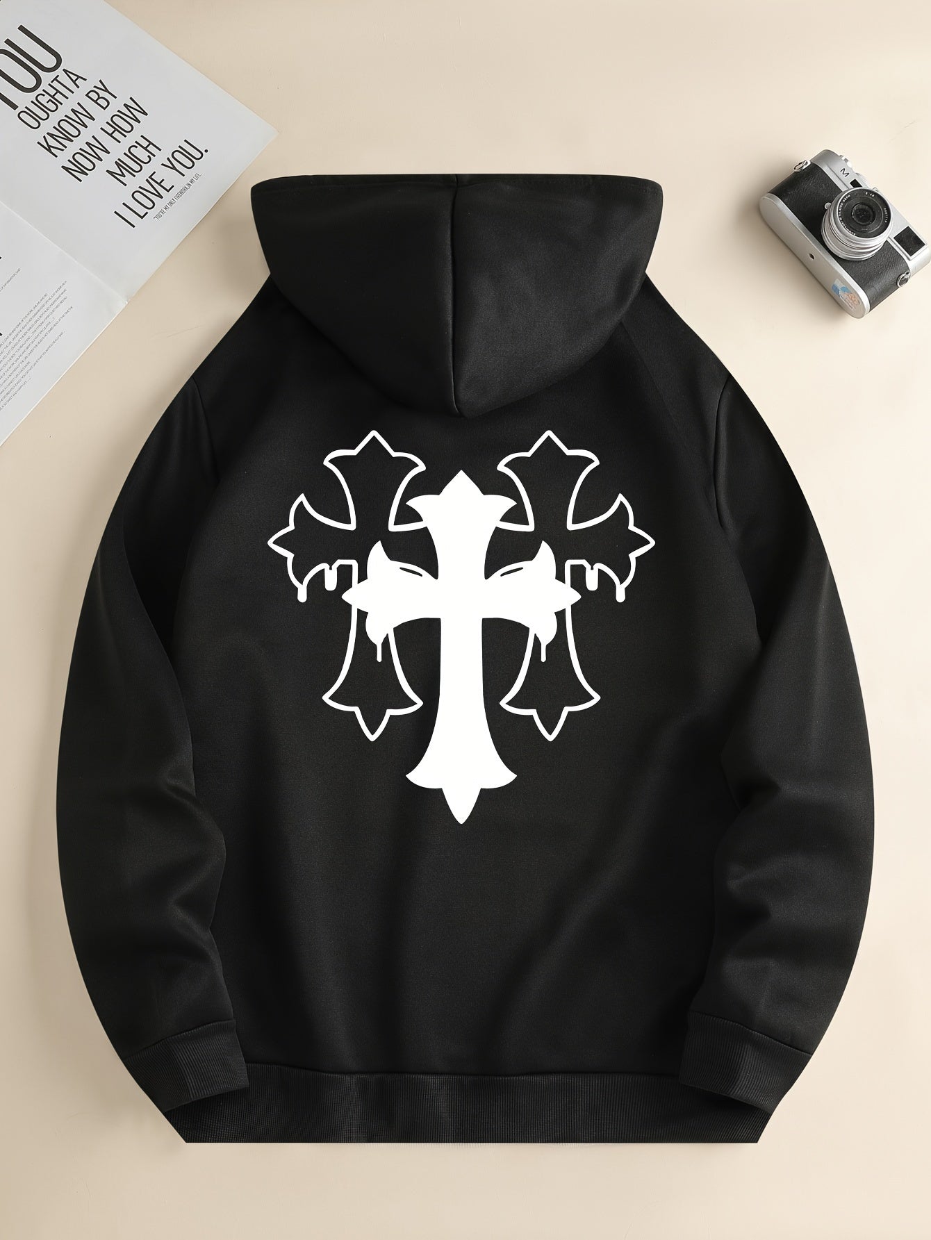 Cross Print Men's Simple Style Pullover Hoodies With Kangaroo Pocket Long Sleeve Hooded Sweatshirt Loose Casual Top For Autumn Winter Men's Clothing As Gifts