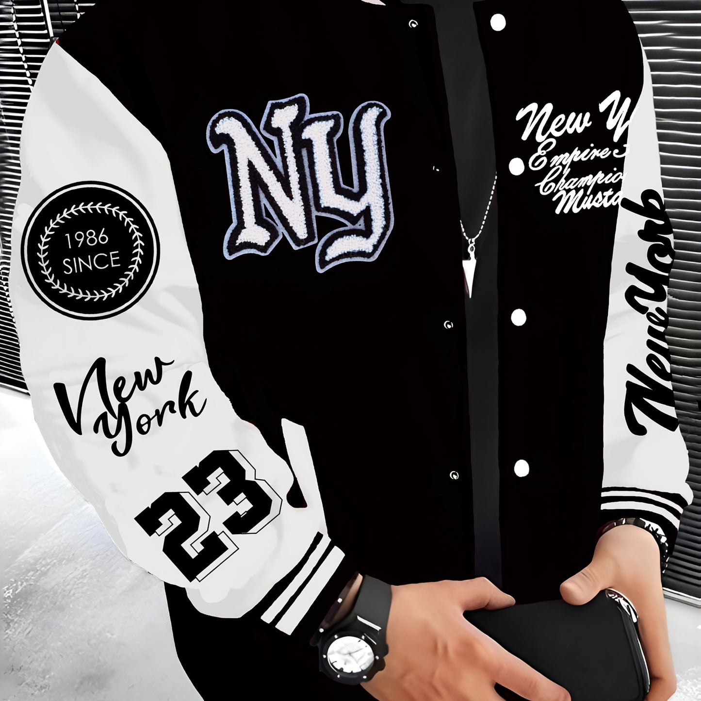 New York Embroidered Varsity Jacket - Men's Casual Fleece-Lined Baseball Coat, Lightweight & Warm for Fall/Winter, Machine Washable, Autumn, Hip Hop, Christmas & New Year, Leisure Style, Leisure Outing Occasion, Conventional