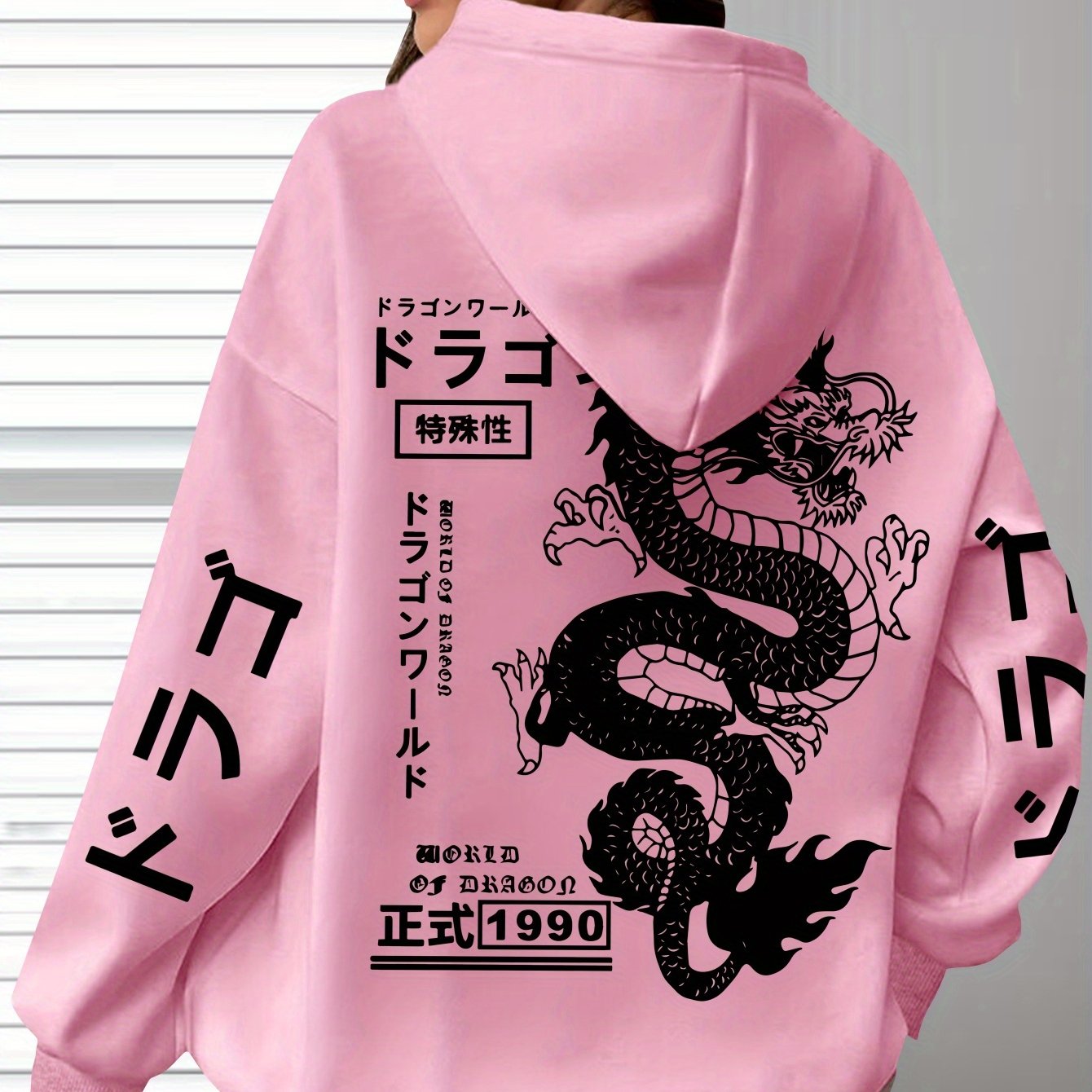 Women's Plus Size Casual Hoodie with Dragon & Letter Print - Cozy Knit, Long Sleeve, Drawstring Pullover