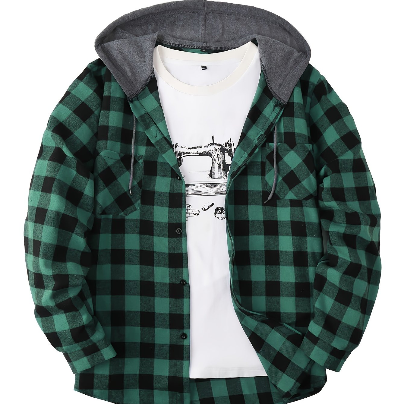 Fashionable Design Men's Plaid Pattern Hooded Long Sleeve And Button Up Shirt Jacket With Pockets, Chic And Trendy Hoodie Jacket For Outdoors Leisurewear
