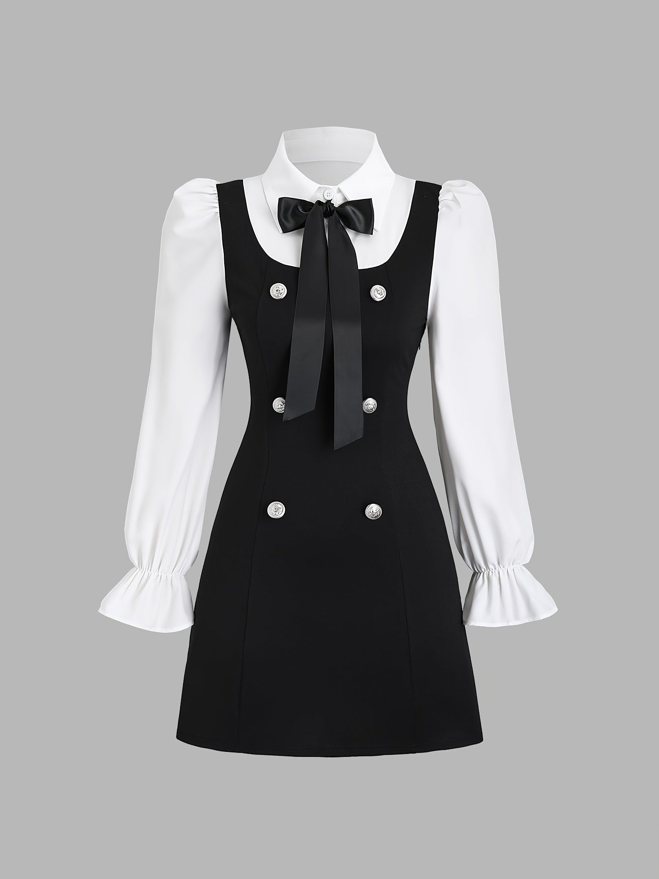 2 In 1 Double-breasted A-line Dress, Chic Bow Neck Long Flounce Sleeve Dress For Spring & Fall, Women's Clothing