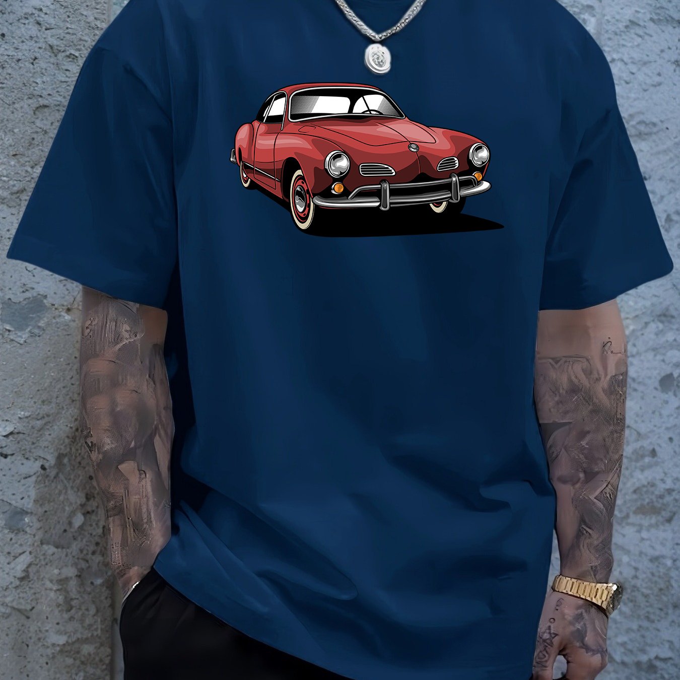 Men's Navy Blue Graphic Tee with Vintage Car Illustration - Casual & Sporty Polyester Round Neck T-Shirt, Machine Washable - Perfect for Summer Outings, Cool Oversized Tee Shirts