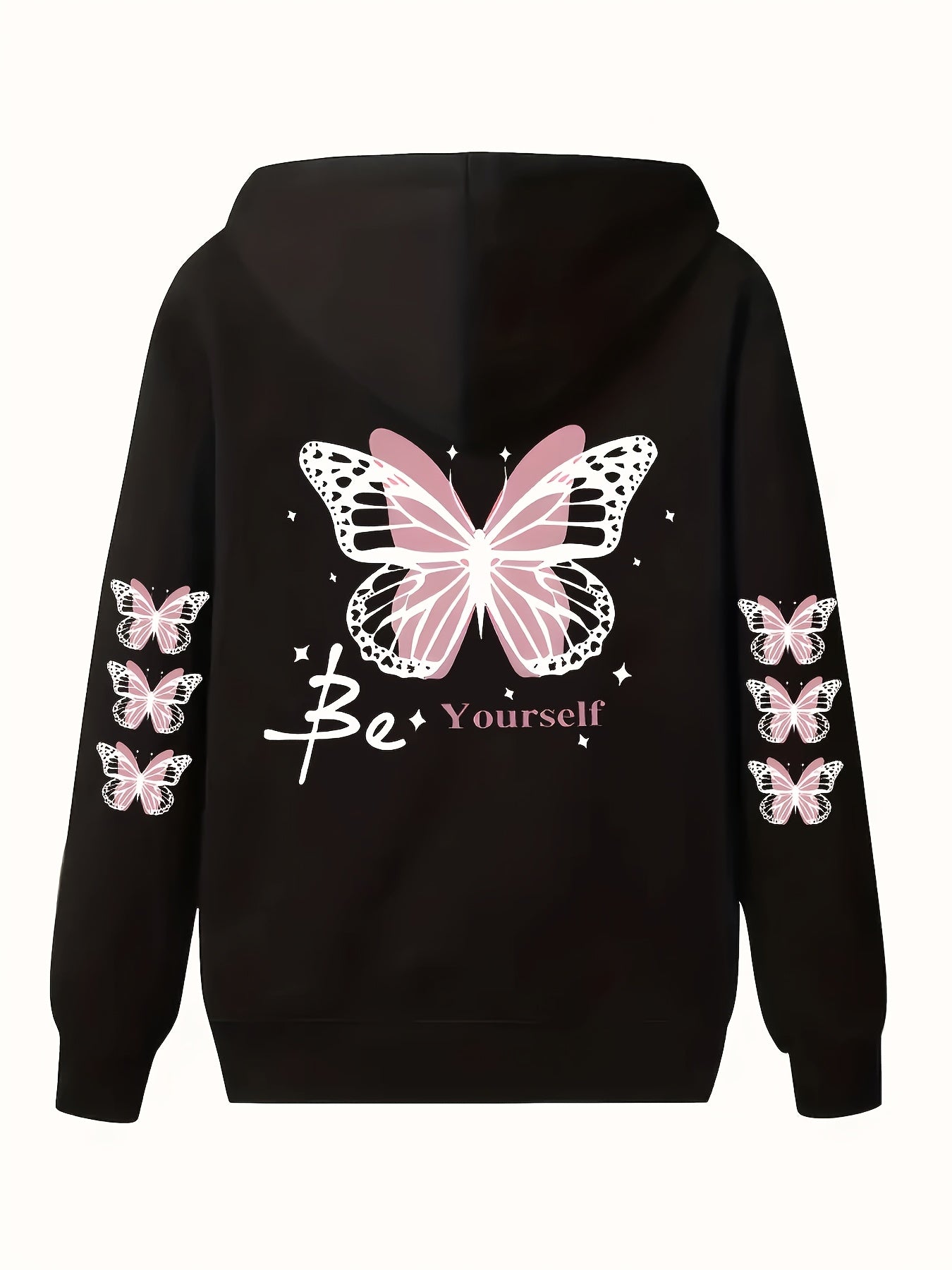 Women's Plus Size Butterfly & Letter Print Hoodie - Casual Long Sleeve Pullover with Pockets, Machine Washable, Extended Version, Sports Shirt
