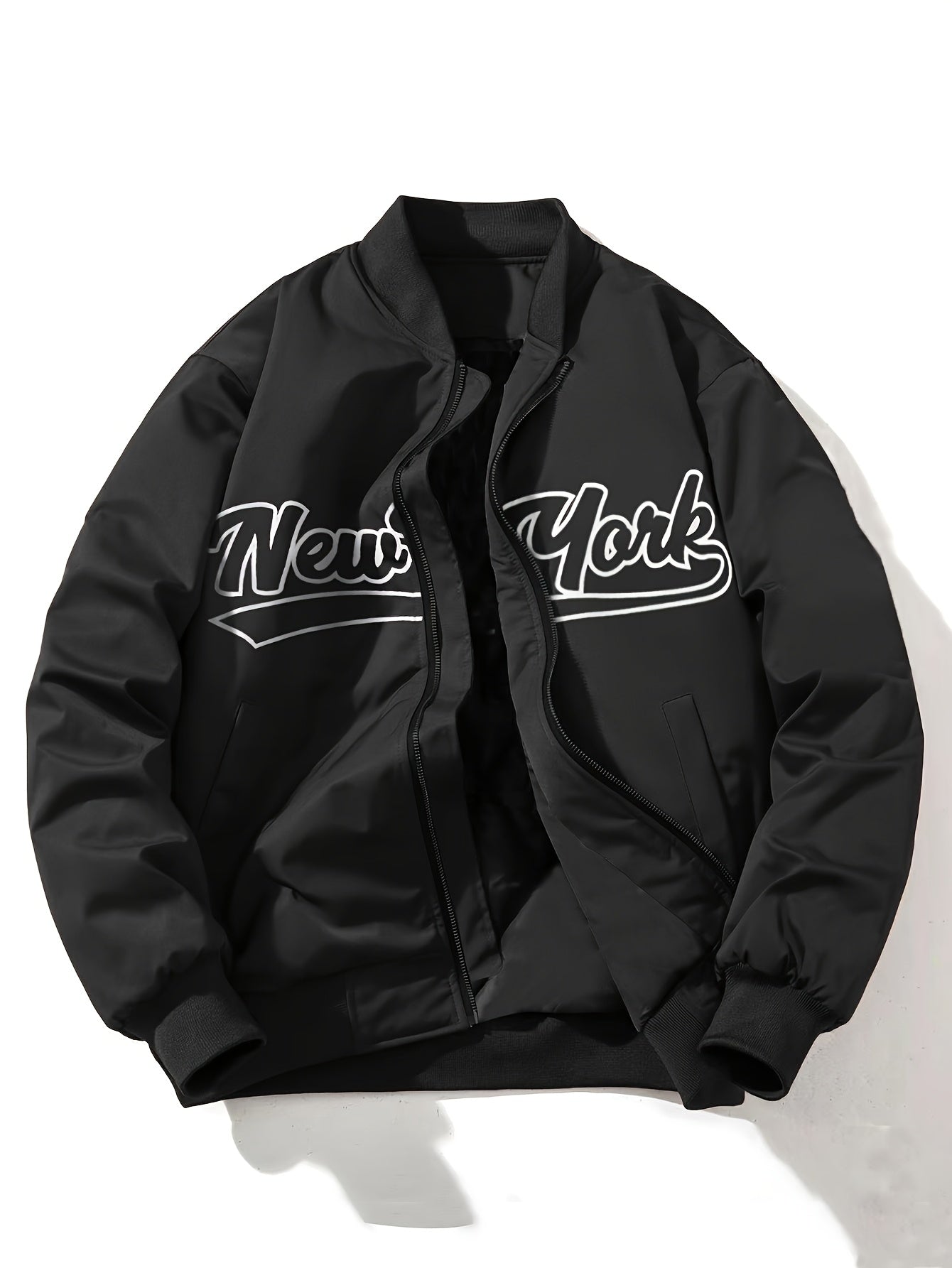 1pc Men'S Casual Bomber Jacket, Polyester 100% Lightweight Windbreaker, Letter Print, Baseball Collar, Long Sleeve, Regular Fit with Pockets, Zippered Front - Daily and Leisure Wear