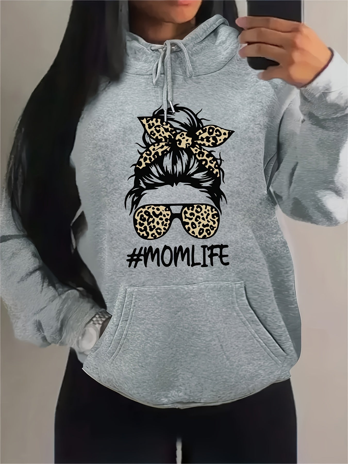 Stylish Women's Beige Hoodie with Leopard & Fashion Glasses Print - Casual, Loose-Fit Polyester Sweatshirt with Drawstring & #MomLife Graphic for All Seasons