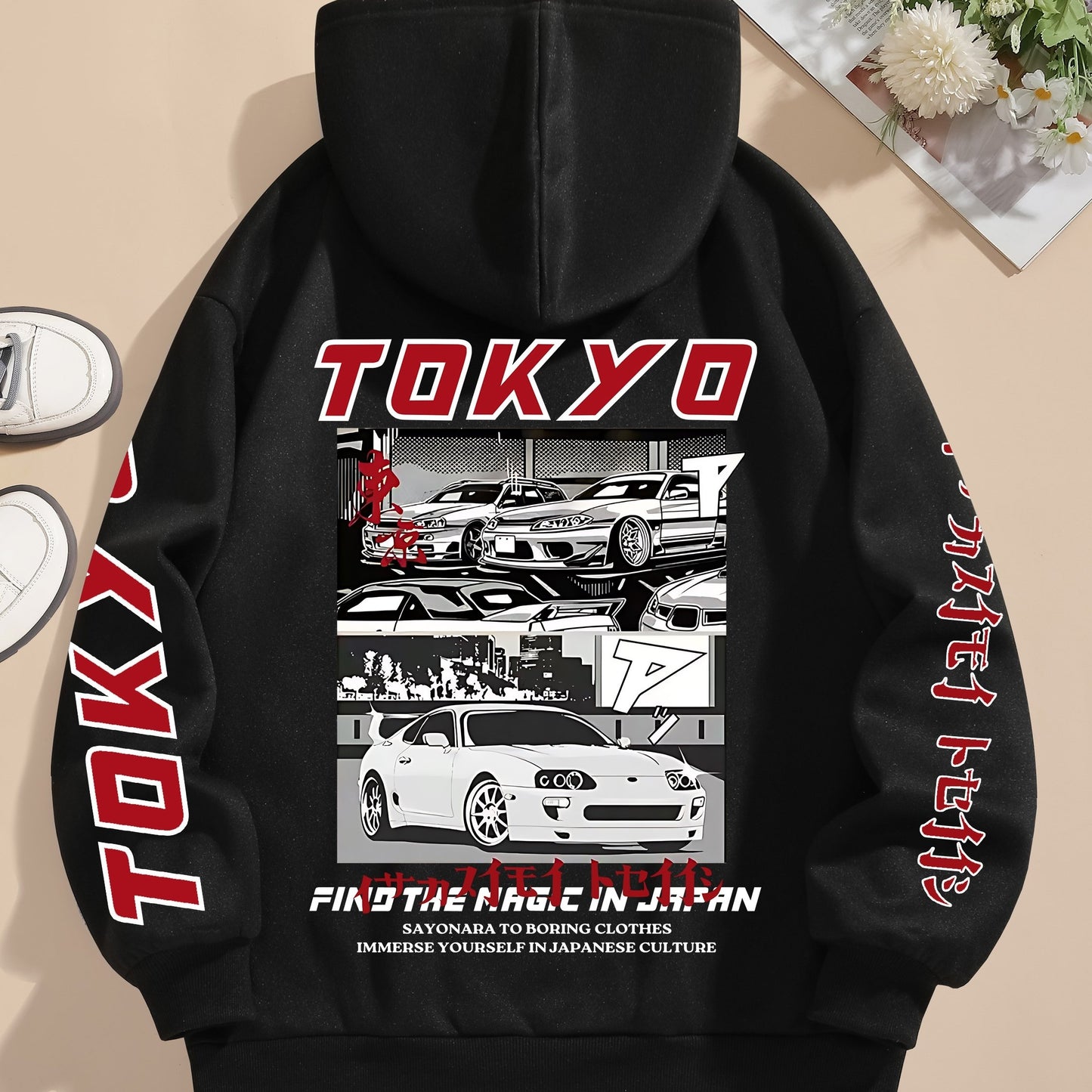 Tokyo Graphic Print Casual Hoodie for Women - 100% Polyester Knit Fabric with Drawstring Hood, Geometric Pattern, All-Season Comfort