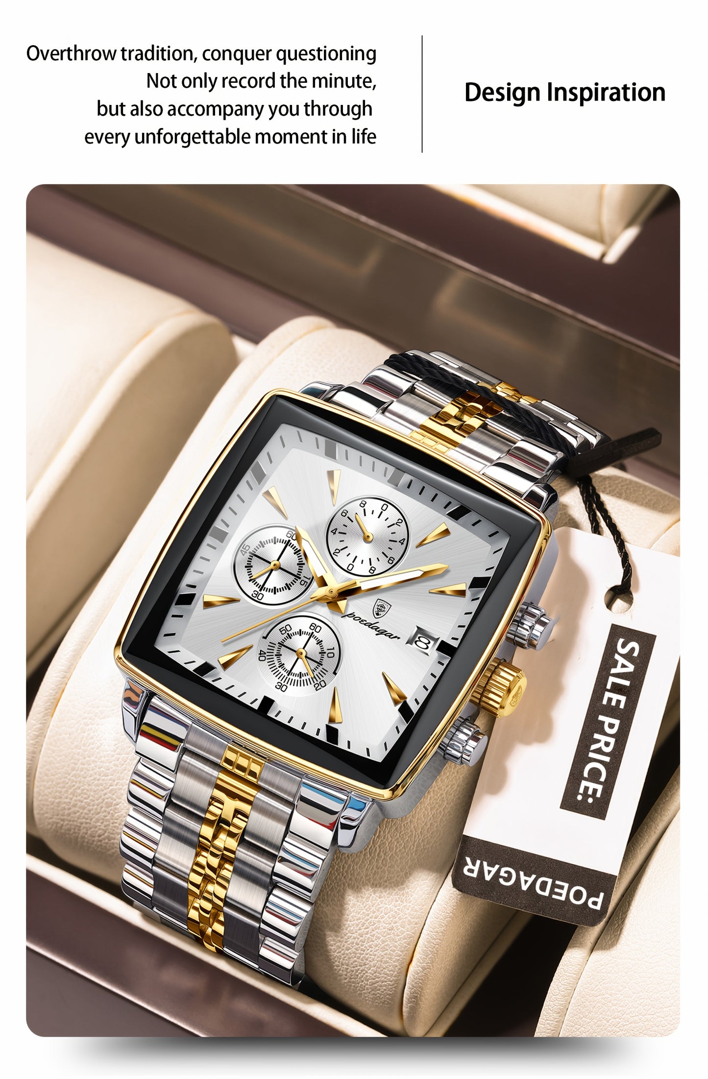 POEDAGAR Men'S Business Quartz Watch, Stainless Steel Square Dial, Luminous Hands, Date Calendar, Battery Powered, with Non-Rechargeable Button Battery, for Thanksgiving & Christmas Gifts, Water Resistant