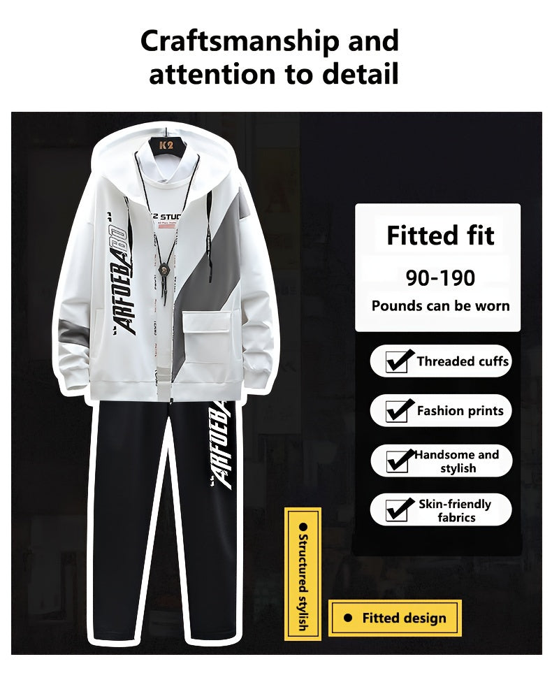 Men's Casual Hoodie with Geometric Print - Cozy & Warm Zip-Up Jacket for Fall/Winter, Polyester Blend, Young Fashion, Sports