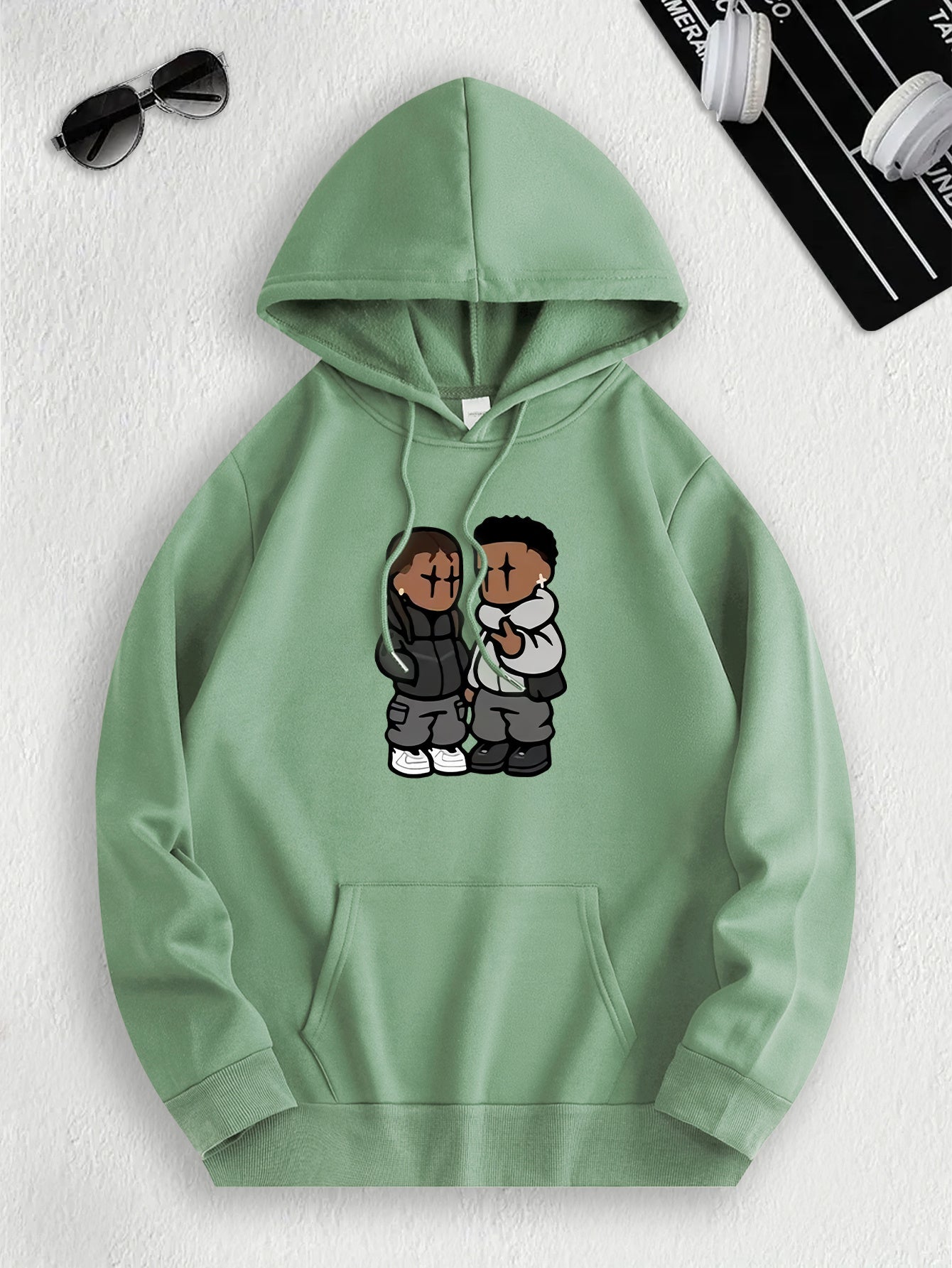 Men's Trendy Hoodie with Fleece-Lined Kangaroo Pocket - Casual & Comfortable, Cartoon Print Pullover Sweatshirt, K-pop, Fashion Design, Leisure Style, Conventional Version, ALL/Global/All