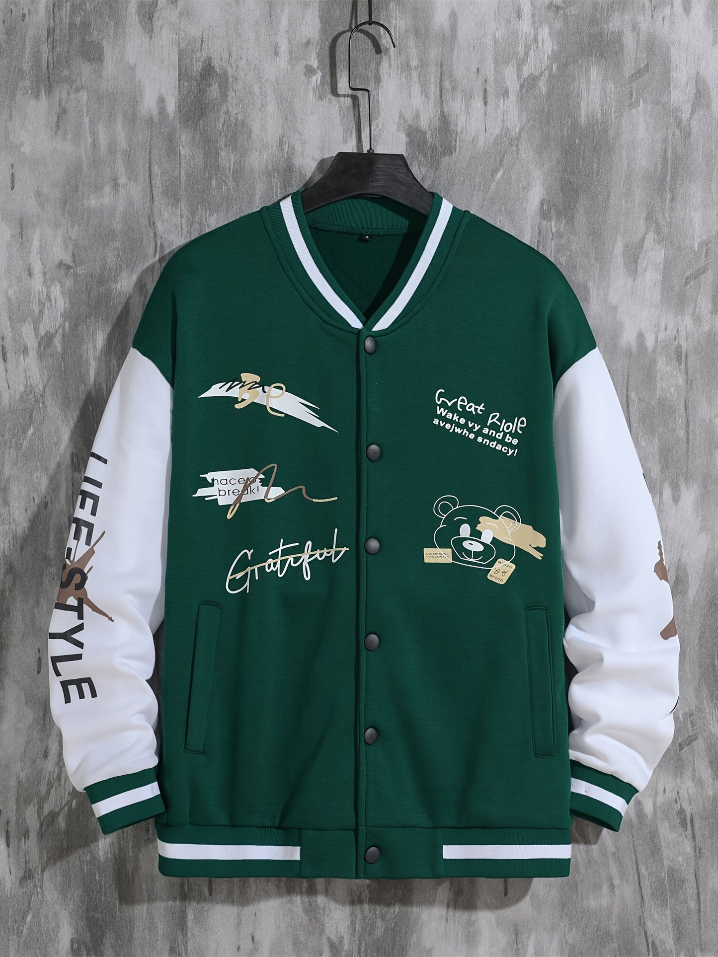 Men'S Casual Baseball Jacket, Polyester 100% Knit Fabric, Long Sleeve with Alphabet Pattern, Regular Length, Button Closure, Baseball Collar, Single Breasted Placket, Loose Fit, 200g/m² Weight - Spring/Fall Fashion