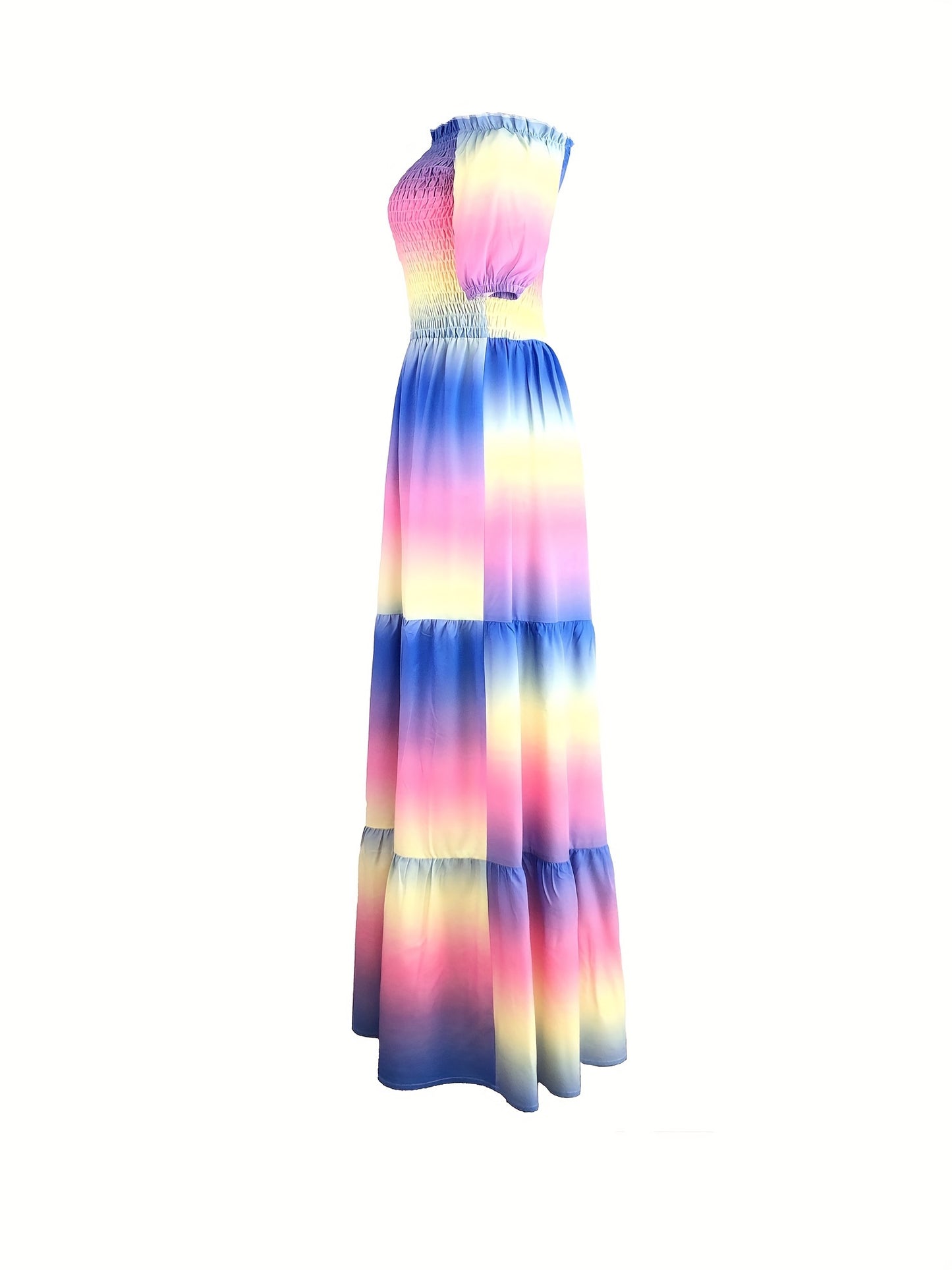 Gradient Print Tiered Dress, Casual Off Shoulder Shirred Party Dress, Women's Clothing