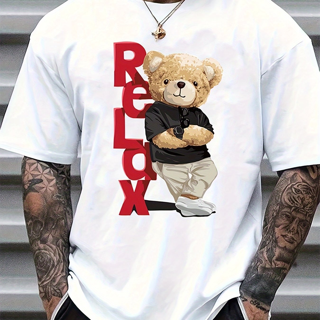 Men's Trendy Bear Print Short Sleeve T-Shirt - Comfortable Polyester Blend, Round Neck, Machine Washable for Summer, Leisure Style, Conventional Version, Summer