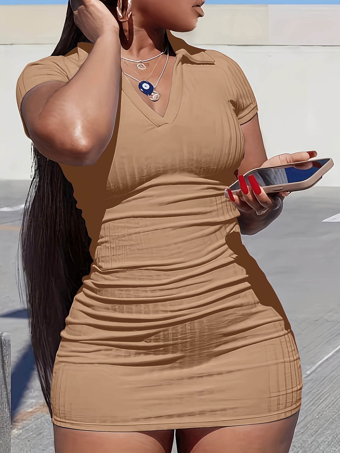 Solid V Neck Dress, Casual Short Sleeve Lapel Bodycon Dress, Women's Clothing