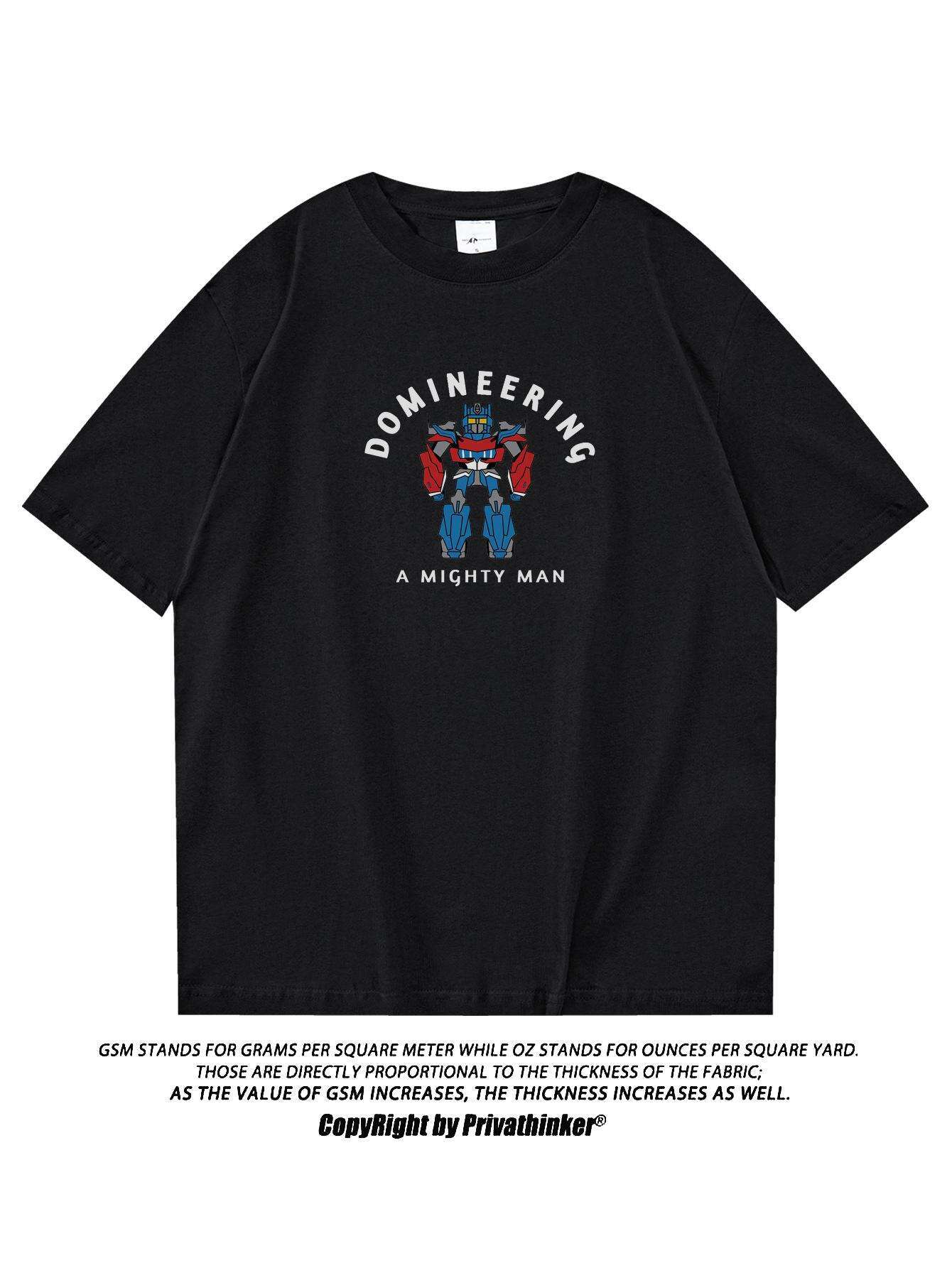 PRIVATHINKER "Domineering A Mighty for Man" Graphic Tee - 100% Cotton, Oversized Casual Hip Hop Style, Short Sleeve T-Shirt with Robot Print, Summer Streetwear for Men and Women