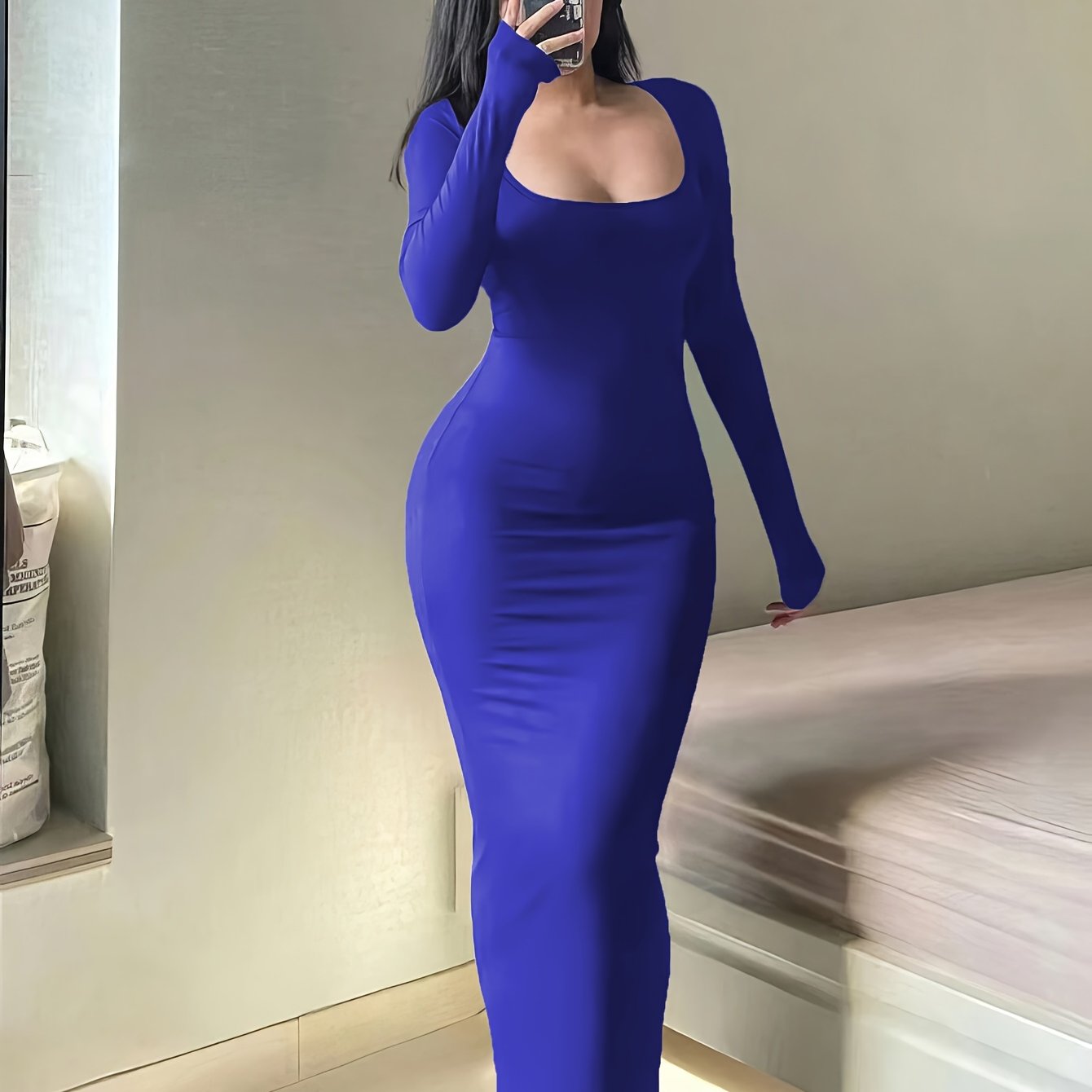 Form-Fitting, Ultra-Long Women'S Autumn Dress with Long Sleeves, Square Neckline, A-Line Silhouette, And a Sexy, Tailored Fit.