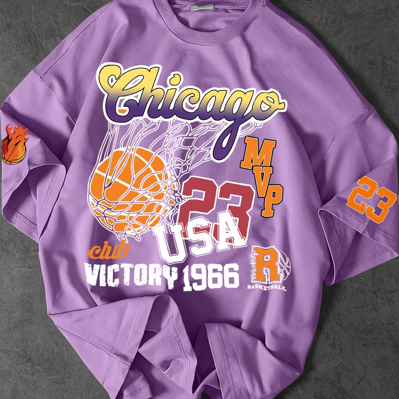Men'S Casual Basketball Print Crew Neck T-Shirt, Polyester Knit Fabric, Loose Fit, with Slight Stretch, for Summer Tee