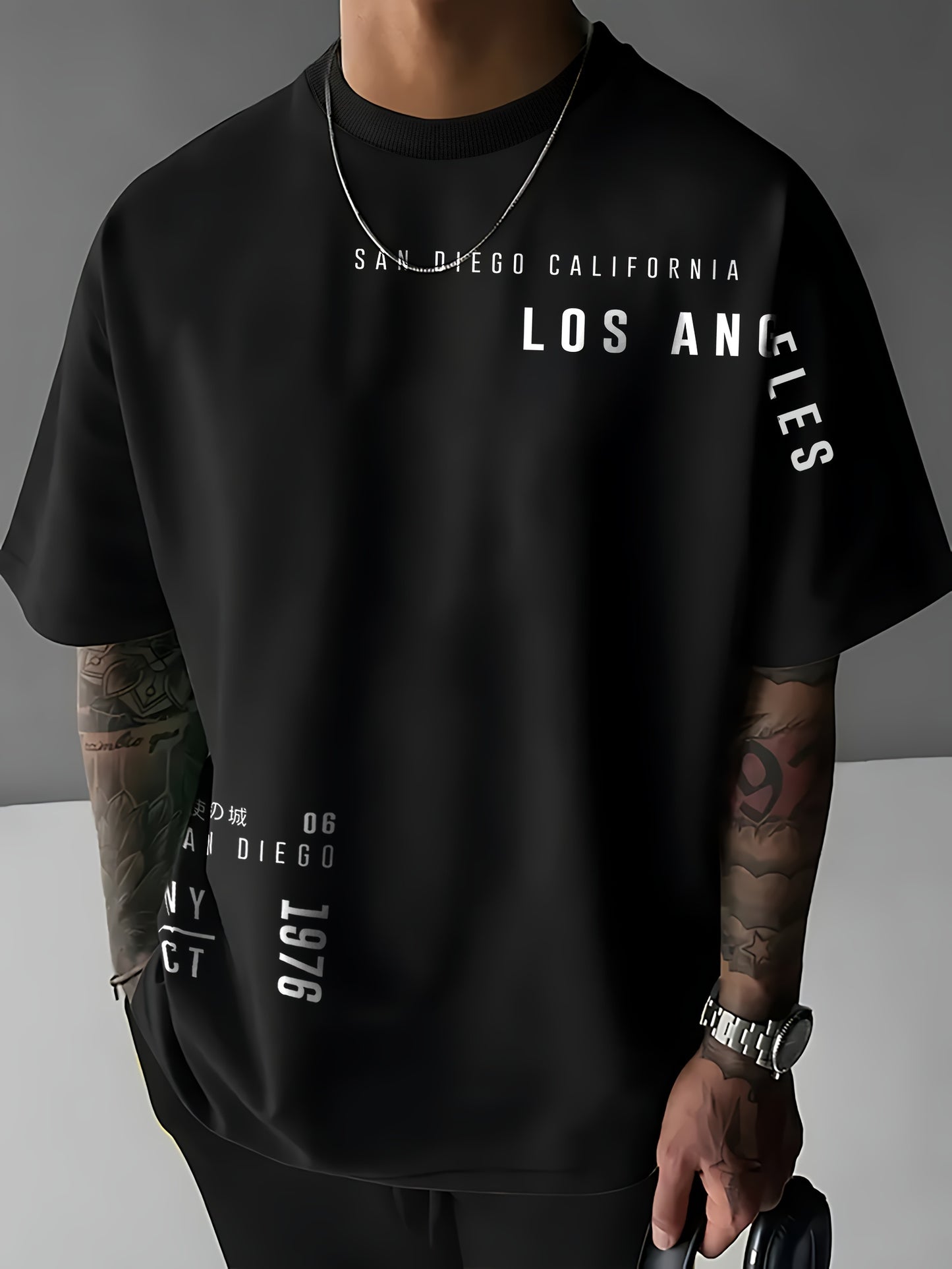 Men'S Fashion Graphic T-Shirt, Polyester Knit Fabric, Street Style, Loose Fit, with "LOS ANGELES" Print, for Summer Casual Short-Sleeve Crew Neck Tee with Slight Stretch