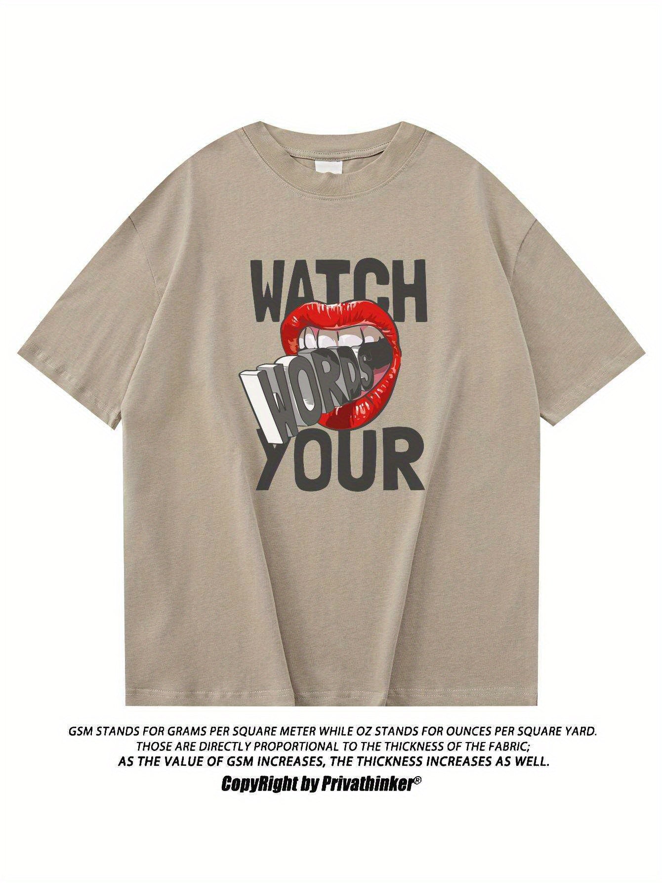 PRIVATHINKER "Watch Your Words" Graphic Tee for Men - Oversized, 100% Cotton, Short Sleeve, Casual Summer Streetwear with Red Lip & Lightning Bolt Design, Machine Washable