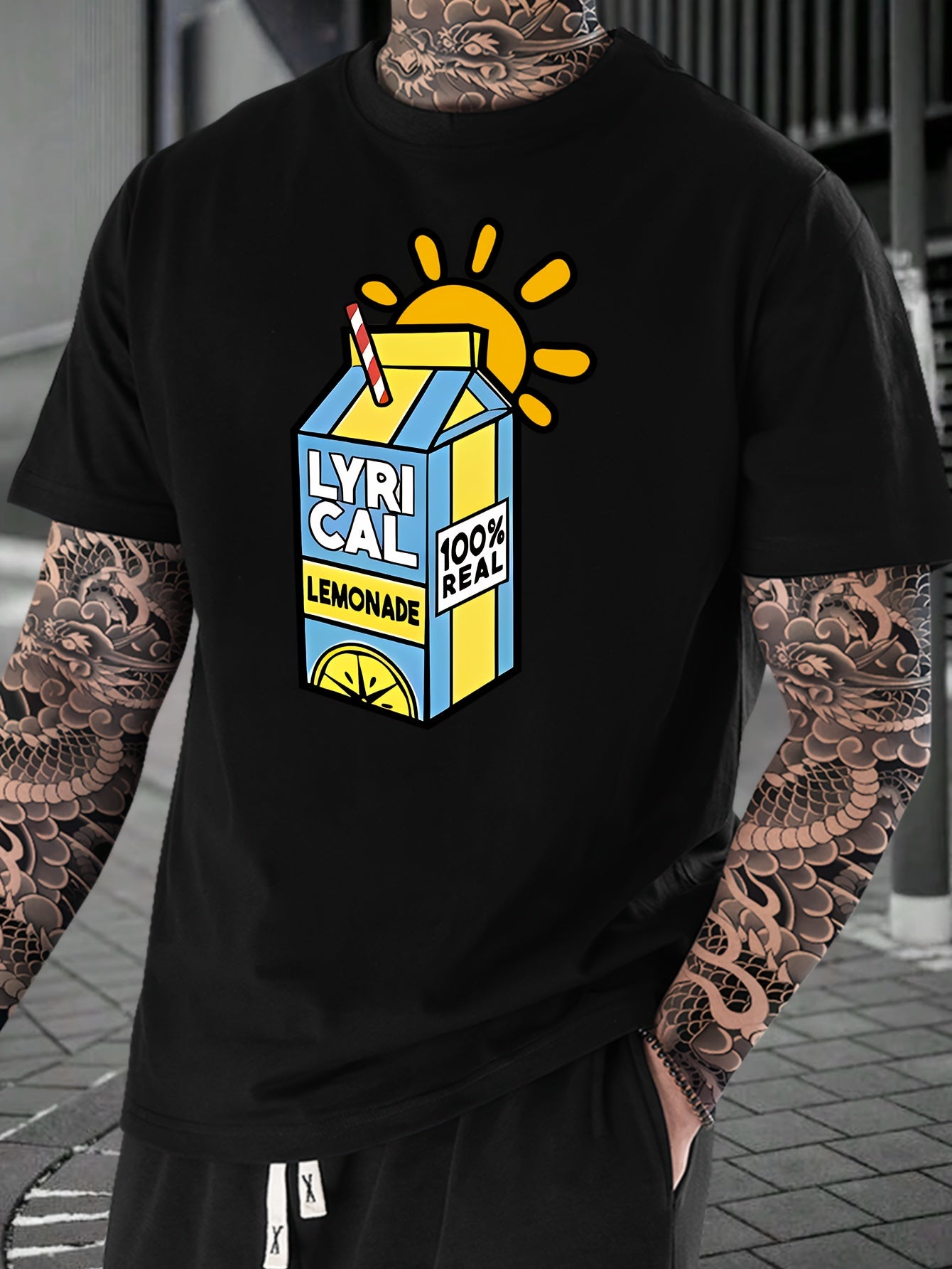 Lemonade Print, Men's Crew Neck Short Sleeve Fashion T-Shirt, Casual Comfy Top For Spring & Summer Holiday Leisure Vacation, Men's Clothing As Gift