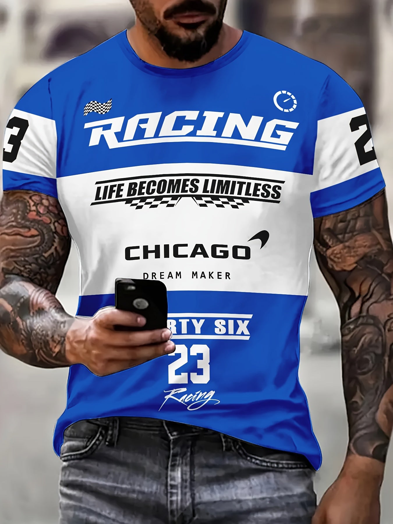 Men's Casual Graphic T-Shirt With Racing Digital Print, Polyester Fiber, Relaxed Fit, Round Neck, Breathable And Soft